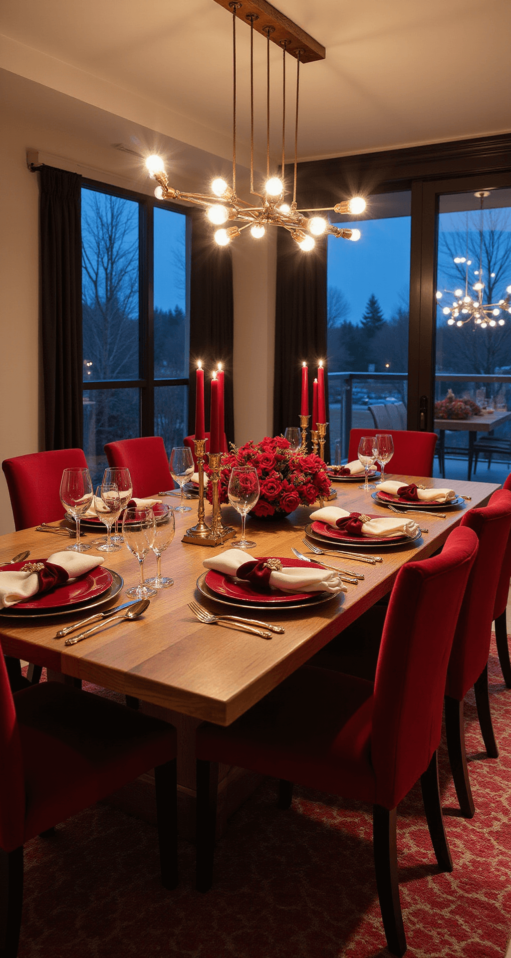 Red Christmas Decor: Transform Your Home into a Festive Wonderland A luxurious modern dining room with a walnut dining table set, adorned with deep red charger plates, gold flatware, and crystal wine glasses, illuminated by tall red candles in gold holders, with white linen napkins tied with burgundy velvet ribbon, under a contemporary chandelier, featuring a minimalist red floral centerpiece and large windows showcasing the evening sky.