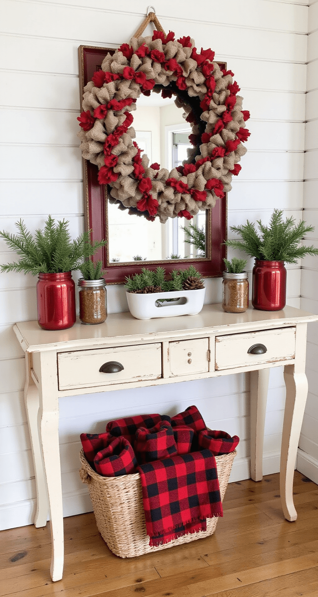 Red Christmas Decor: Transform Your Home into a Festive Wonderland Charming farmhouse entryway with a vintage cream console table adorned with a handmade red wreath, metallic red mason jars of pine, a glossy crimson mirror reflecting warm light, and a woven basket of red plaid throws, all against white shiplap walls and natural wood floors.