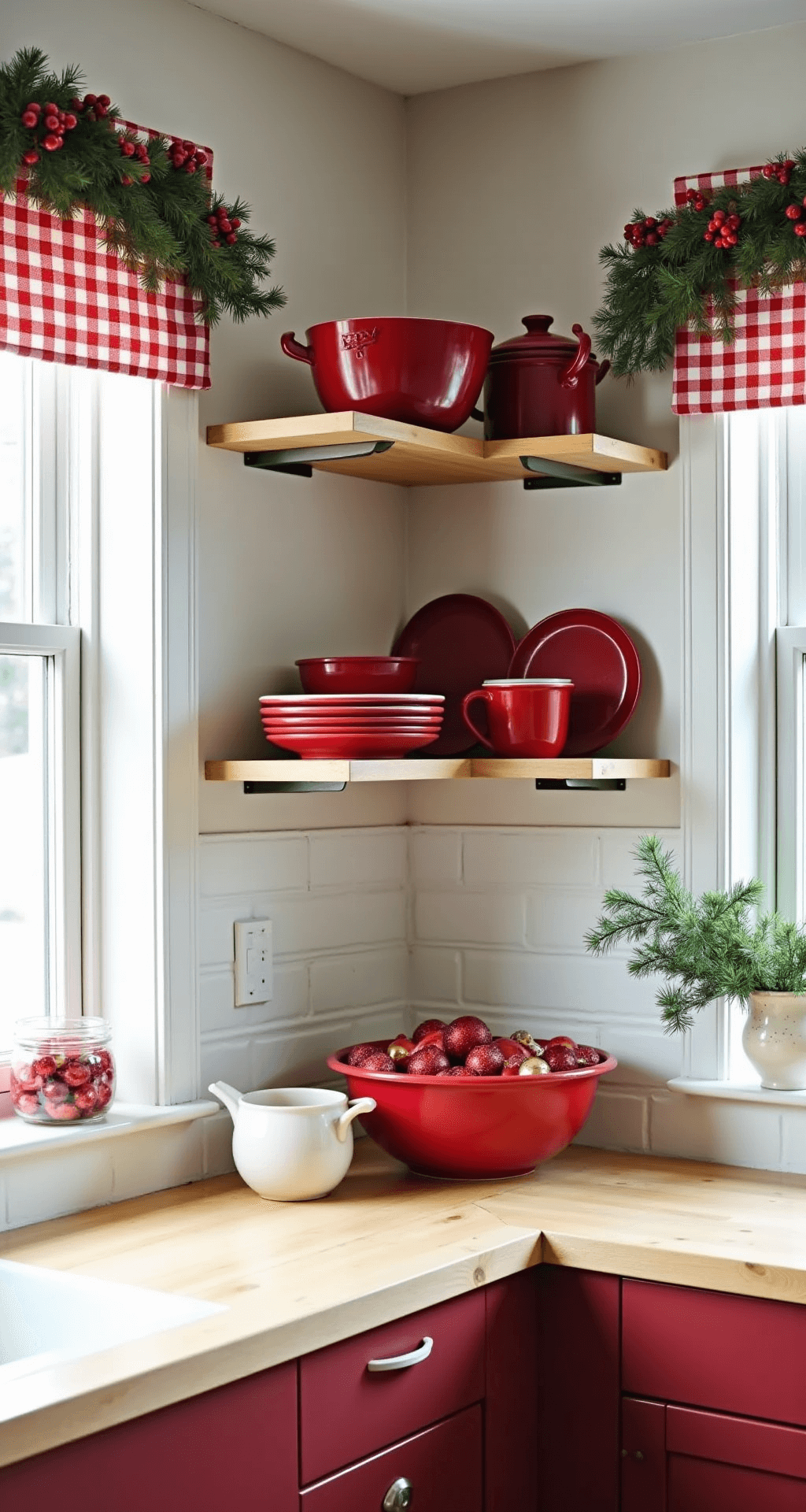Red Christmas Decor: Transform Your Home into a Festive Wonderland Cozy kitchen corner decorated for Christmas with red dish towels, cherry red ceramic bowls, vintage enamelware, and clusters of red ornaments on butcher block countertops, complemented by a white subway tile backsplash and a window adorned with a red gingham valance, featuring fresh pine garland with red berries along the shelves.