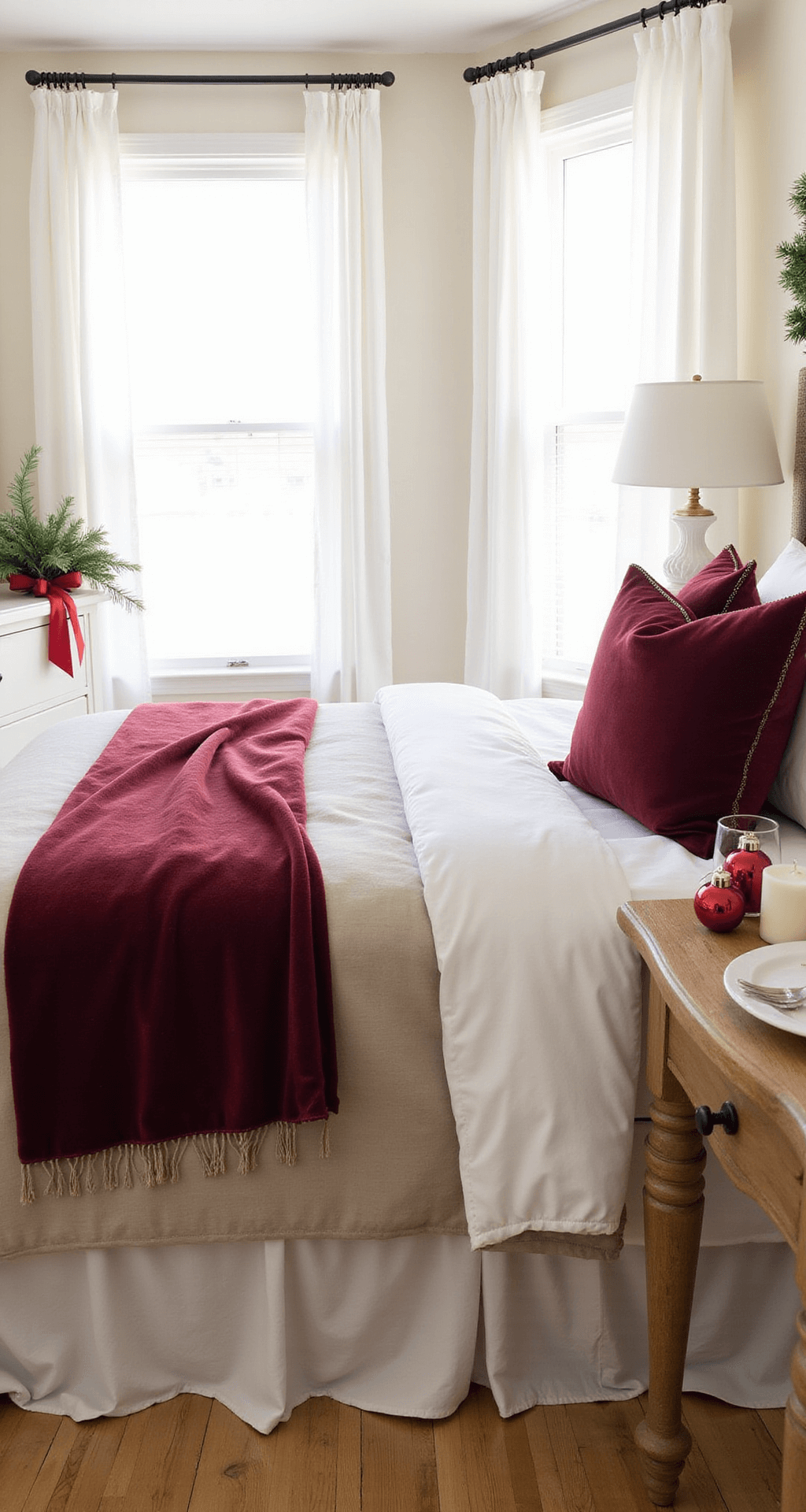 Red Christmas Decor: Transform Your Home into a Festive Wonderland Serene bedroom with neutral linen bedding and a burgundy velvet throw, adorned with red Christmas accents, a nightstand decorated with red mercury glass ornaments, and a soft winter light filtering through a large window with white curtains.