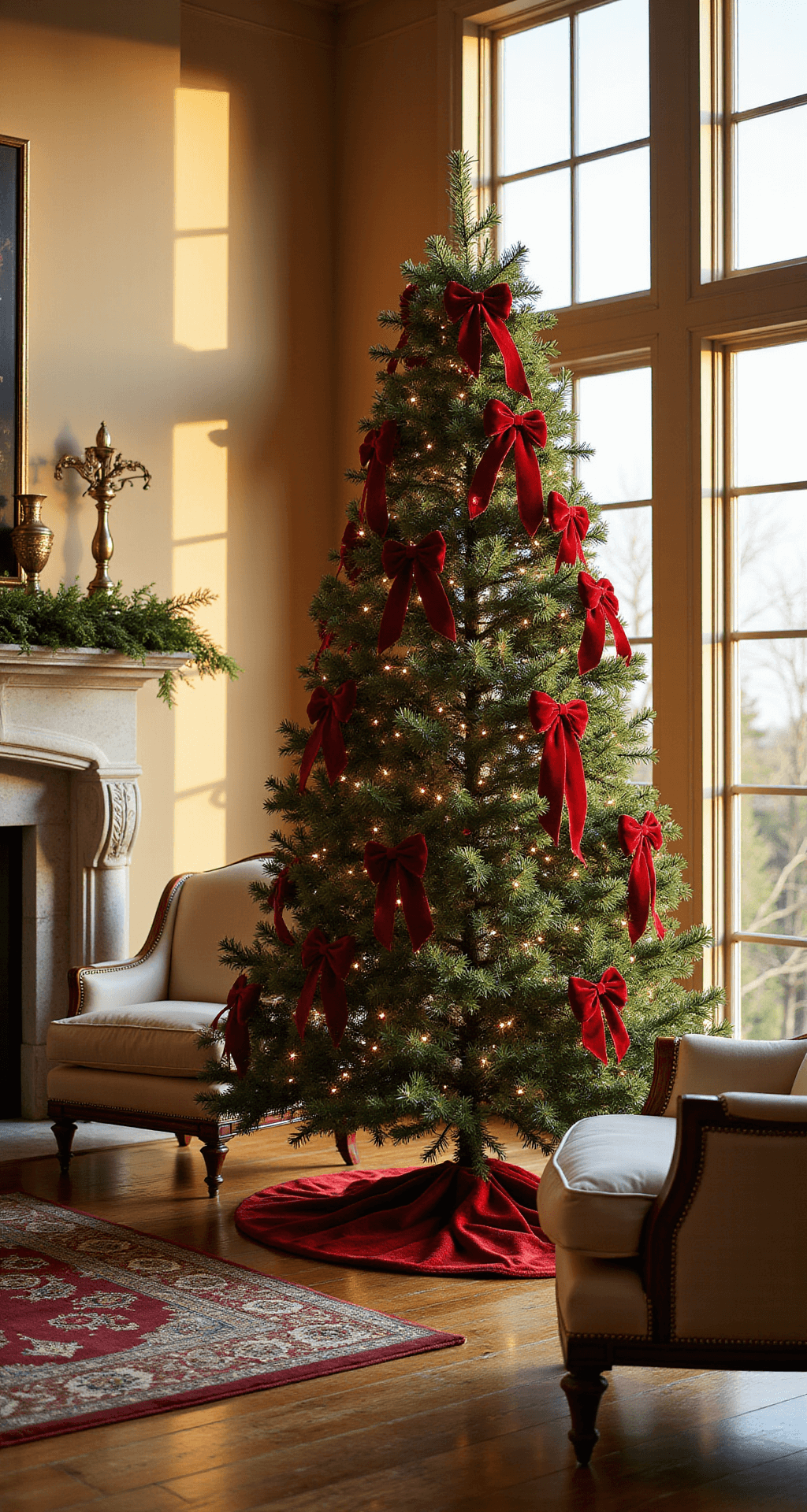 Red Bow Christmas Tree: The Ultimate Festive Styling Guide Elegant living room at golden hour featuring a 7-foot Fraser fir Christmas tree adorned with red velvet bows, tall windows casting sunlight on hardwood floors, near a limestone fireplace, surrounded by cream leather armchairs and a deep burgundy Persian rug.