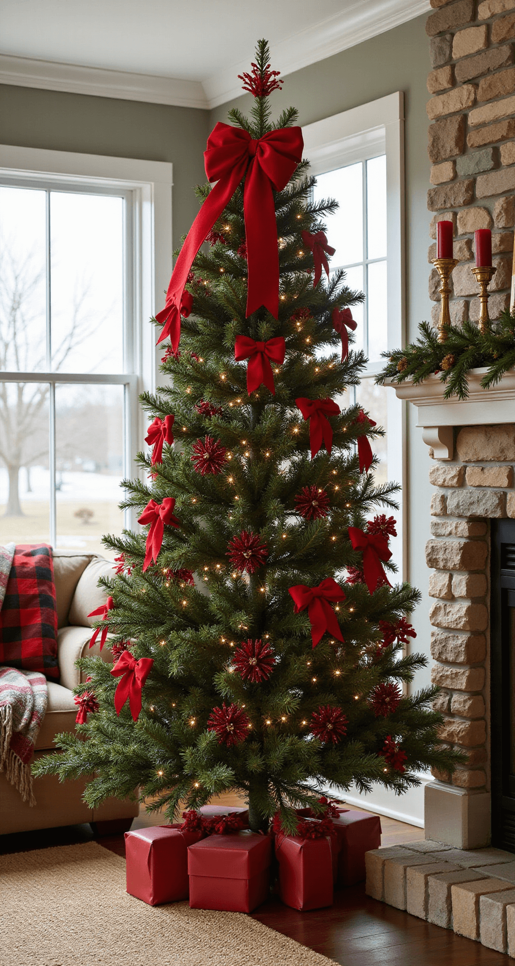 Red Bow Christmas Tree: The Ultimate Festive Styling Guide Cozy family room featuring a Christmas tree with strategically placed red bows, bathed in late afternoon light, showcasing a stone hearth, plaid throws, and vintage brass candlesticks, with wrapped gifts underneath the tree.