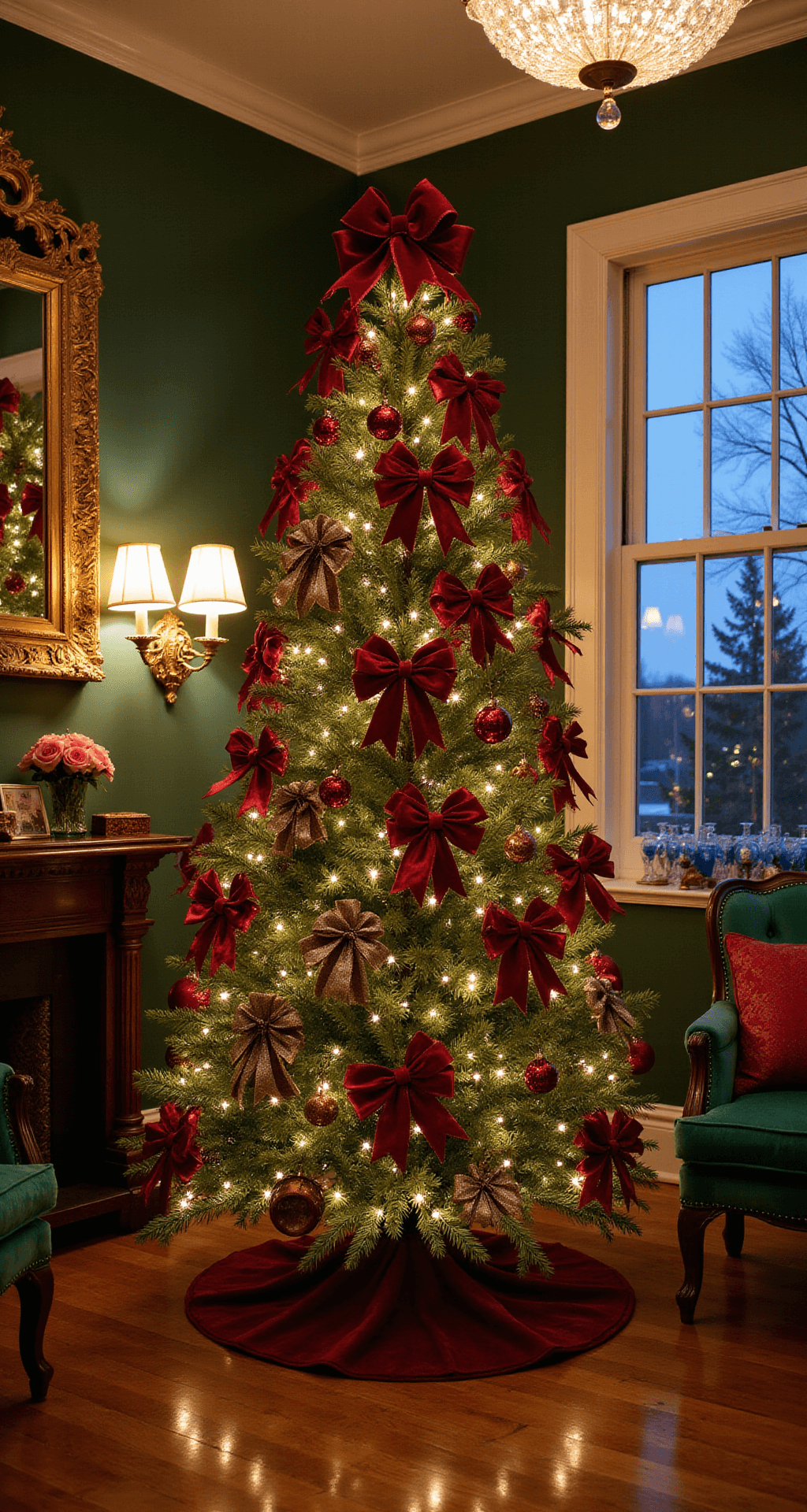 Red Bow Christmas Tree: The Ultimate Festive Styling Guide An elegant Victorian parlor at twilight featuring a budget-friendly red bow Christmas tree, warm amber lighting from chandeliers, deep forest green walls, and antique furniture, highlighting a sophisticated bow arrangement with burgundy and satin ribbons.