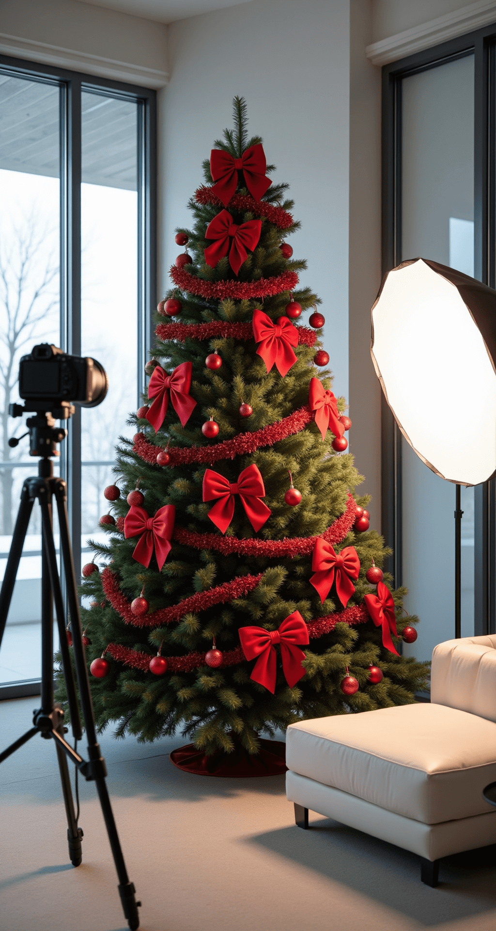 Red Bow Christmas Tree: The Ultimate Festive Styling Guide Professional photography setup featuring an 8-foot Nordmann fir Christmas tree adorned with red bows in a modern minimalist living room, with bright studio lighting, sleek white furniture, and visible camera equipment like a tripod and reflectors.