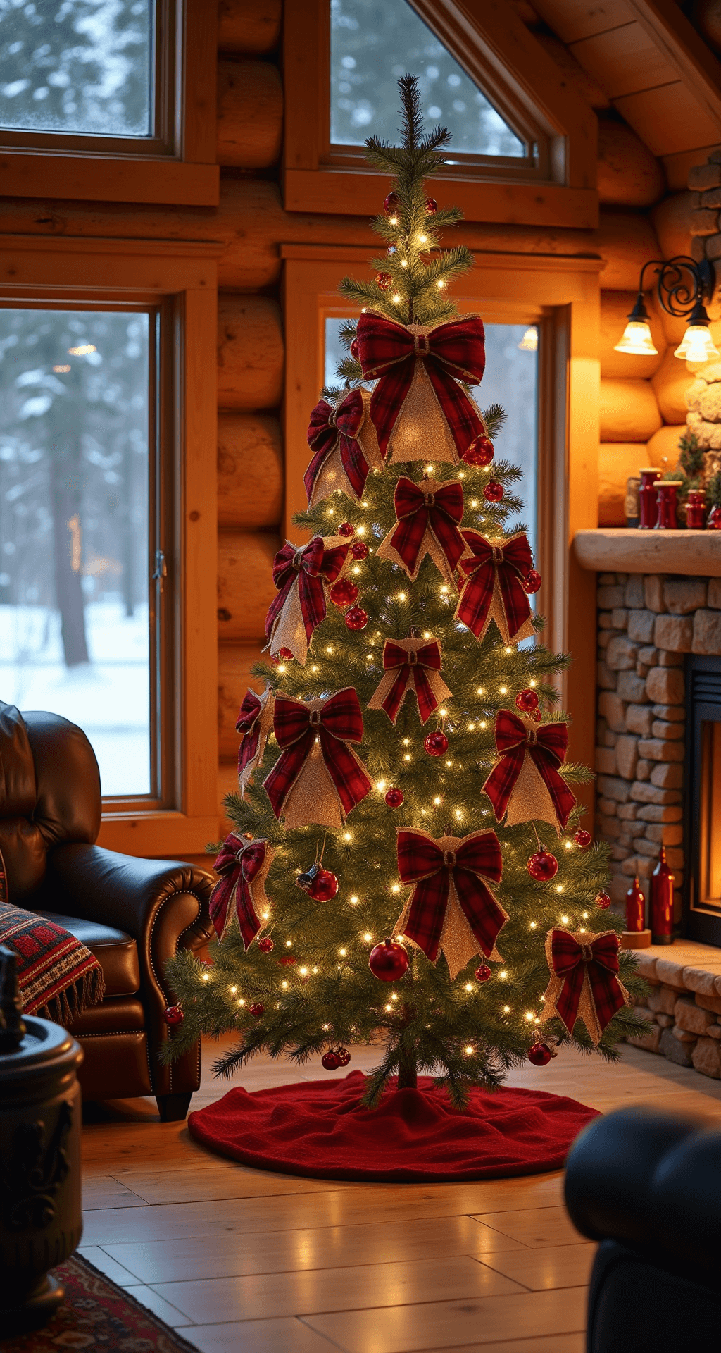 Red Bow Christmas Tree: The Ultimate Festive Styling Guide Rustic cabin great room with a unique Christmas tree decorated in various red bow styles, warm fireplace glow illuminating log walls, leather furniture, and vintage quilts, snowy evening visible through picture windows.