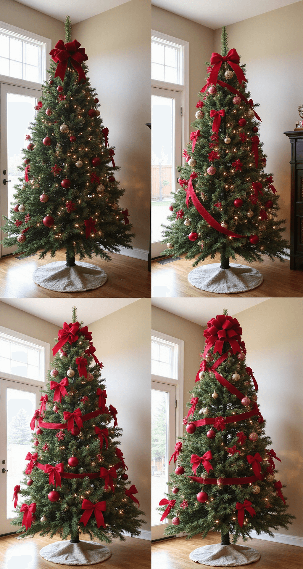 Red Bow Christmas Tree: The Ultimate Festive Styling Guide Comparison of a living room's holiday tree styling, showing left side with overcrowded, poorly colored bow placements in harsh artificial lighting and the right side featuring balanced red bow clusters with harmonious spacing under optimal natural daylight, set against a backdrop of neutral beige walls and hardwood floors.