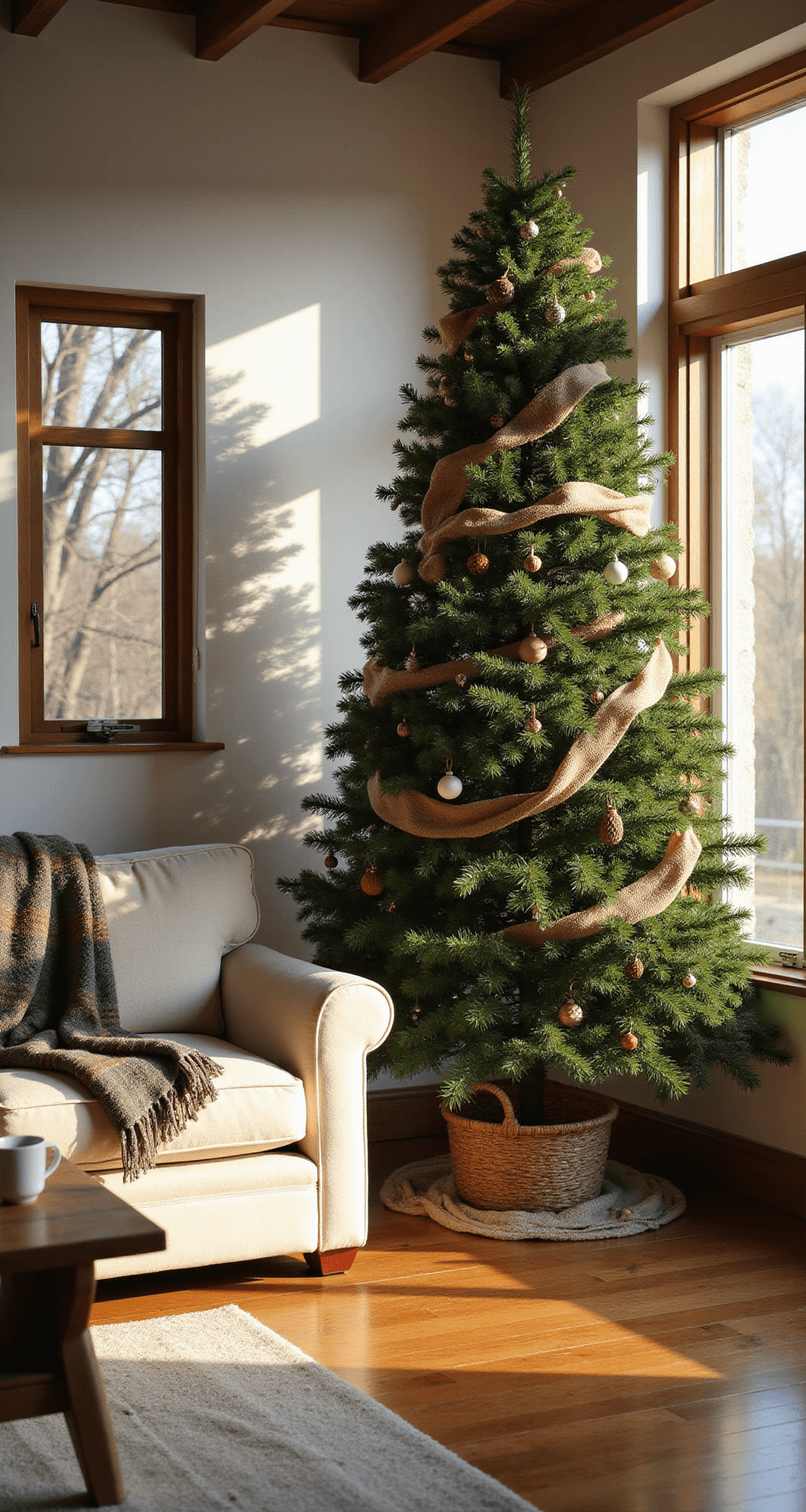 Magical Christmas Tree Farm Photo Shoot: Your Ultimate Guide to Festive Photography Cozy living room with an 8-foot Fraser fir Christmas tree adorned with warm white lights and burlap ribbons, illuminated by golden hour sunlight. A cream-colored sectional sofa with plaid throws faces a rustic wooden coffee table holding hot cocoa mugs, set on warm oak hardwood floors beneath exposed ceiling beams. The scene radiates warmth and intimacy in a palette of cream, gray, green, and amber.