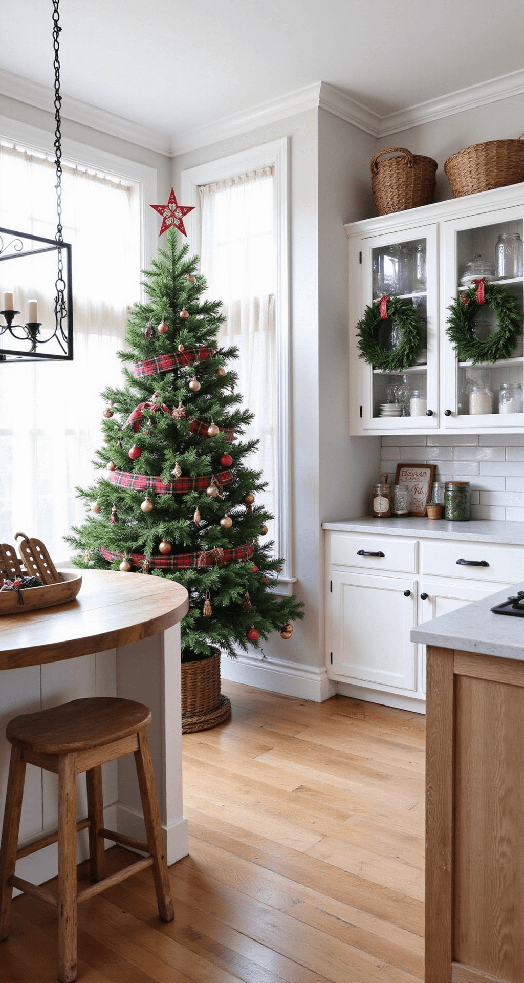 Magical Christmas Tree Farm Photo Shoot: Your Ultimate Guide to Festive Photography Rustic farmhouse kitchen featuring a 6-foot Noble fir tree decorated with red plaid ribbon and wooden sled ornaments, bathed in morning light through sheer curtains. The room showcases white shaker cabinets, a butcher block island, vintage wooden stools, and mason jar centerpieces, with festive wreaths on cabinet doors. The hardwood floors have a distressed finish, and the color scheme includes whites, natural wood tones, deep reds, and forest green, all captured in a wide-angle shot from the kitchen entrance.