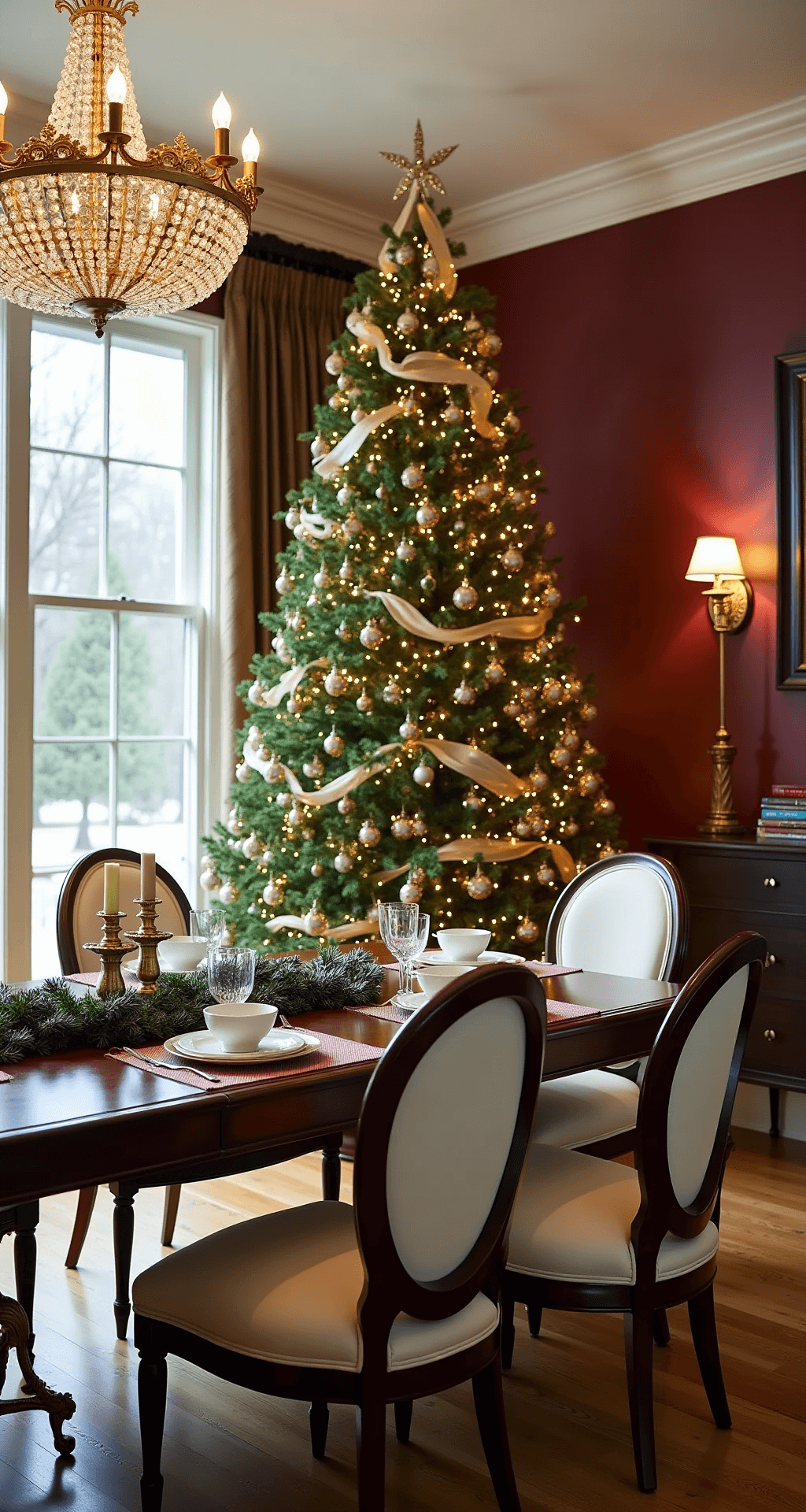 Magical Christmas Tree Farm Photo Shoot: Your Ultimate Guide to Festive Photography Elegant dining room adorned for the holidays, featuring a 7-foot Balsam fir Christmas tree in the corner, a dark walnut dining table with cream upholstered chairs, and a crystal chandelier overhead. The tree is decorated with gold ornaments, cream ribbon, and warm LED lights, complemented by vintage brass candlesticks and a holiday greenery garland. The rich burgundy accent wall and hardwood floors enhance the sophisticated atmosphere.