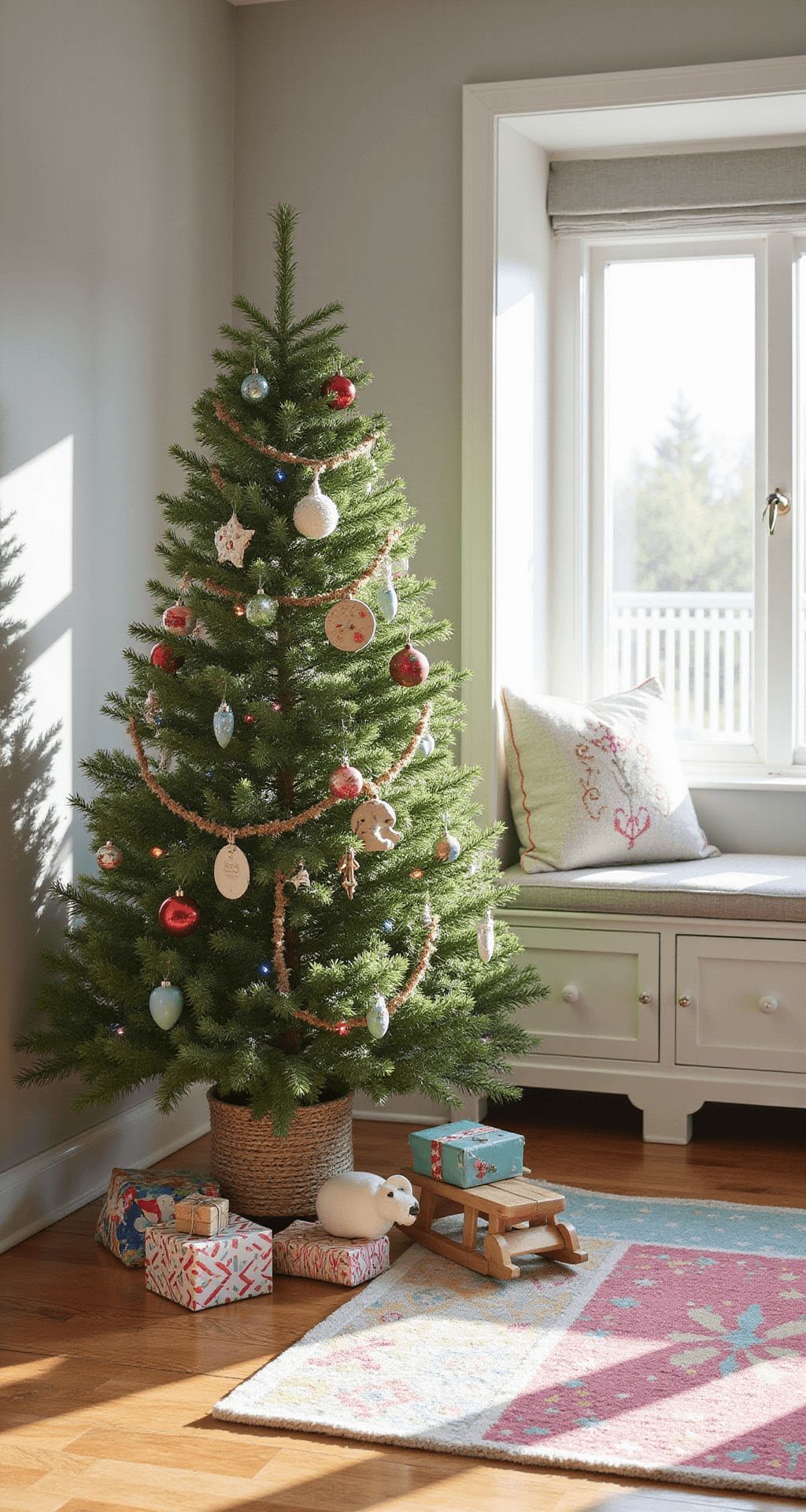 Magical Christmas Tree Farm Photo Shoot: Your Ultimate Guide to Festive Photography A cozy children's playroom featuring a decorated 5-foot Douglas fir tree, bright natural light casting playful shadows, built-in white storage benches, a colorful area rug, and scattered wooden toys, with a vintage sled and wrapped presents nearby, all set against light gray walls and maple floors in a whimsical holiday atmosphere.