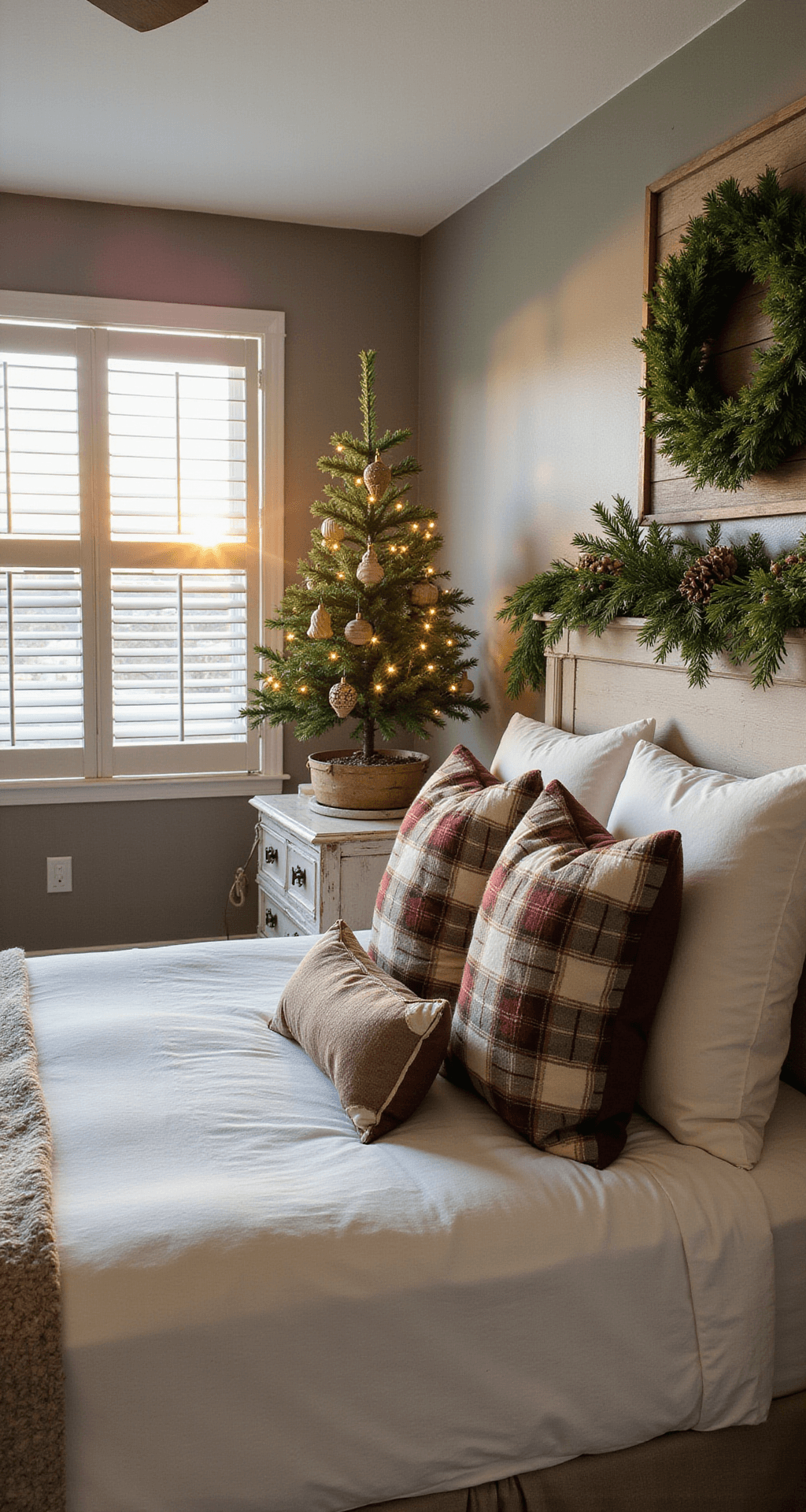 Magical Christmas Tree Farm Photo Shoot: Your Ultimate Guide to Festive Photography Cozy master bedroom featuring a 4-foot Noble fir tree on an antique dresser, illuminated by golden sunset light filtering through plantation shutters. The king bed is adorned with cream linens, plaid throw pillows, and a vintage quilt, while a fresh greenery garland decorates the headboard and a festive wreath hangs above the dresser. The warm gray walls and distressed wood floors complement the muted color palette of cream, soft gray, warm brown, and muted green, captured with a shallow depth of field for an intimate holiday atmosphere.