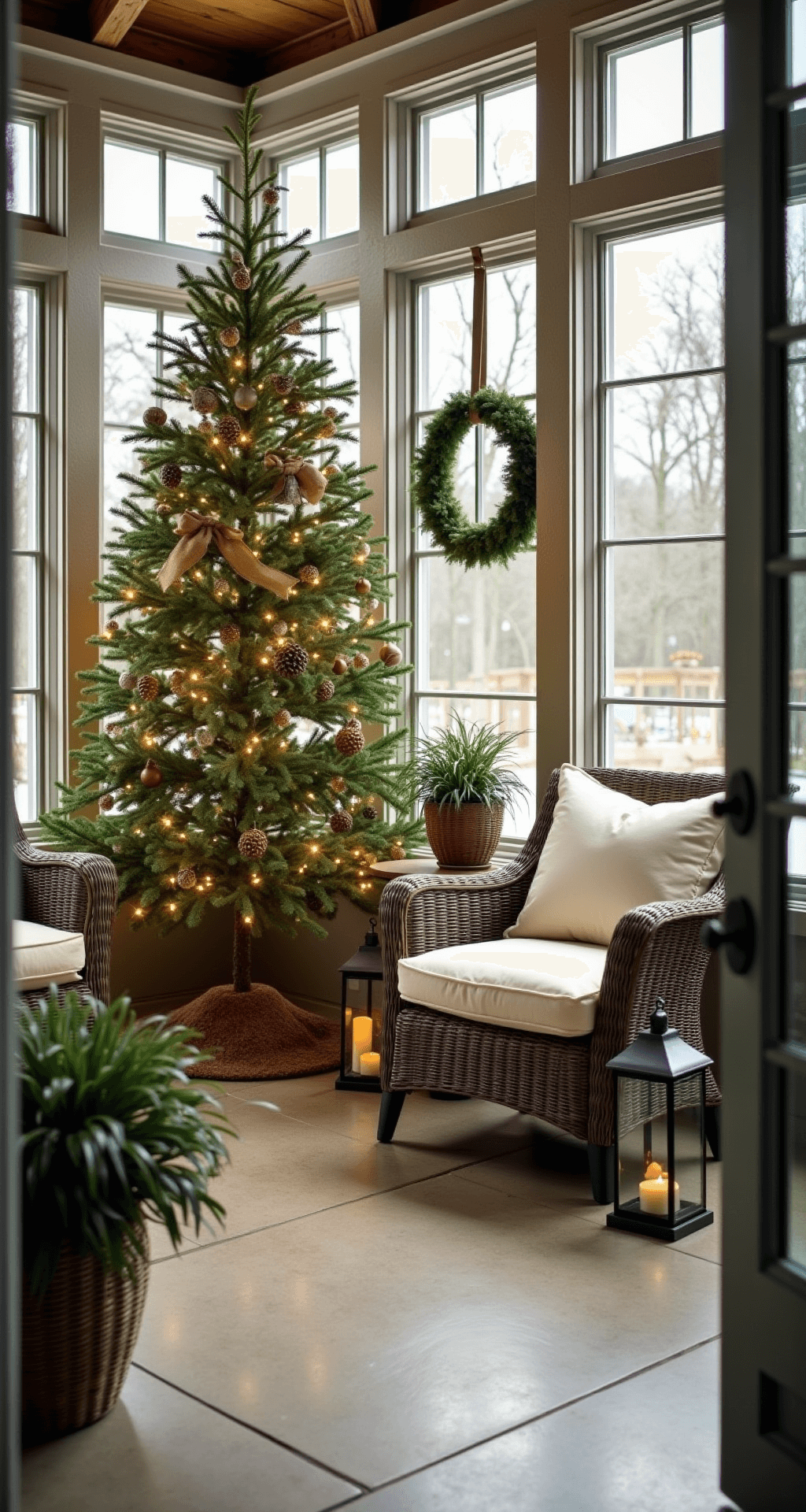 Magical Christmas Tree Farm Photo Shoot: Your Ultimate Guide to Festive Photography A sunroom conservatory featuring a 6-foot Fraser fir tree adorned with pine cones, burlap ribbon, and warm white lights, surrounded by windows that invite soft overcast afternoon light. Wicker furniture with cream cushions and potted evergreen plants complement the natural decor, while vintage lanterns add charm. The stone tile floors and exposed wooden ceiling beams contribute to the rustic feel, with fresh wreaths hanging in the windows, creating a harmonious connection between the indoor holiday decor and the winter landscape outside.