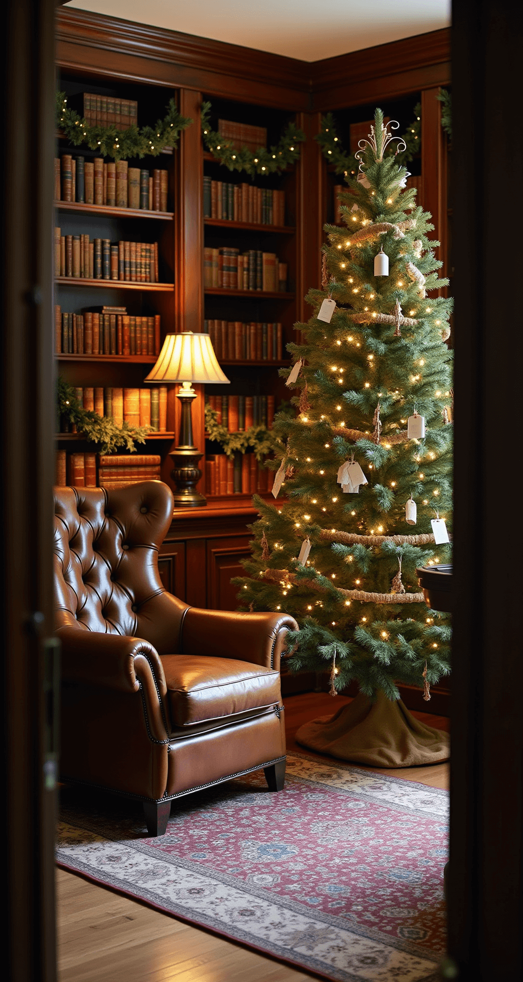 Magical Christmas Tree Farm Photo Shoot: Your Ultimate Guide to Festive Photography A cozy home office library featuring a 5-foot Balsam fir tree adorned with vintage book page ornaments and twine garland, positioned next to built-in bookshelves. The space includes a rich leather armchair, an antique wooden desk, and a Persian area rug, all illuminated by warm lamp lighting. Fresh greenery swags adorn the shelves, with dark wood paneling and hardwood floors creating an intimate and sophisticated Christmas atmosphere in deep browns and forest green tones.