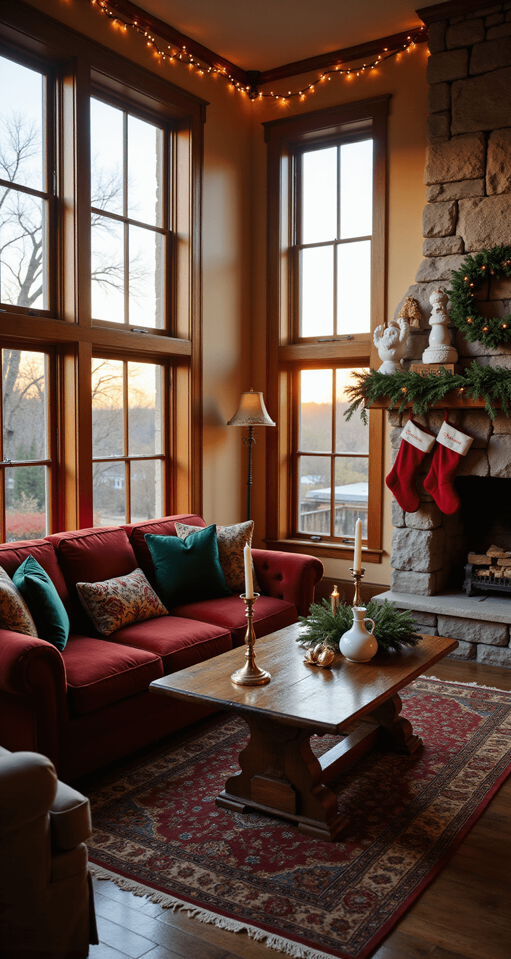 Magical Outdoor Christmas Decor: Transform Your Yard into a Holiday Wonderland Cozy living room at golden hour, featuring a deep red velvet sofa, green throw pillows, rustic coffee table with brass candlesticks, and Christmas decor. Stone fireplace with stockings and Santa figurines, hardwood floors under a Persian rug, and warm white string lights illuminating the inviting space.