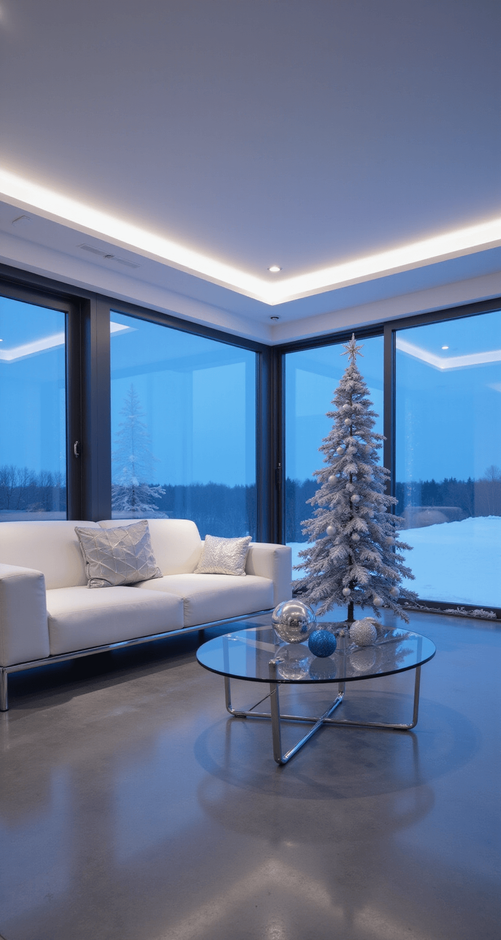 Magical Outdoor Christmas Decor: Transform Your Yard into a Holiday Wonderland A minimalist modern living space at twilight, featuring a sleek white sectional sofa, glass coffee table, and polished concrete floors. Floor-to-ceiling windows show a snowy landscape, while LED strip lighting casts a blue-white glow. A metallic geometric Christmas tree sculpture stands amidst silver and ice-blue ornaments, emphasizing clean lines and contemporary holiday styling.