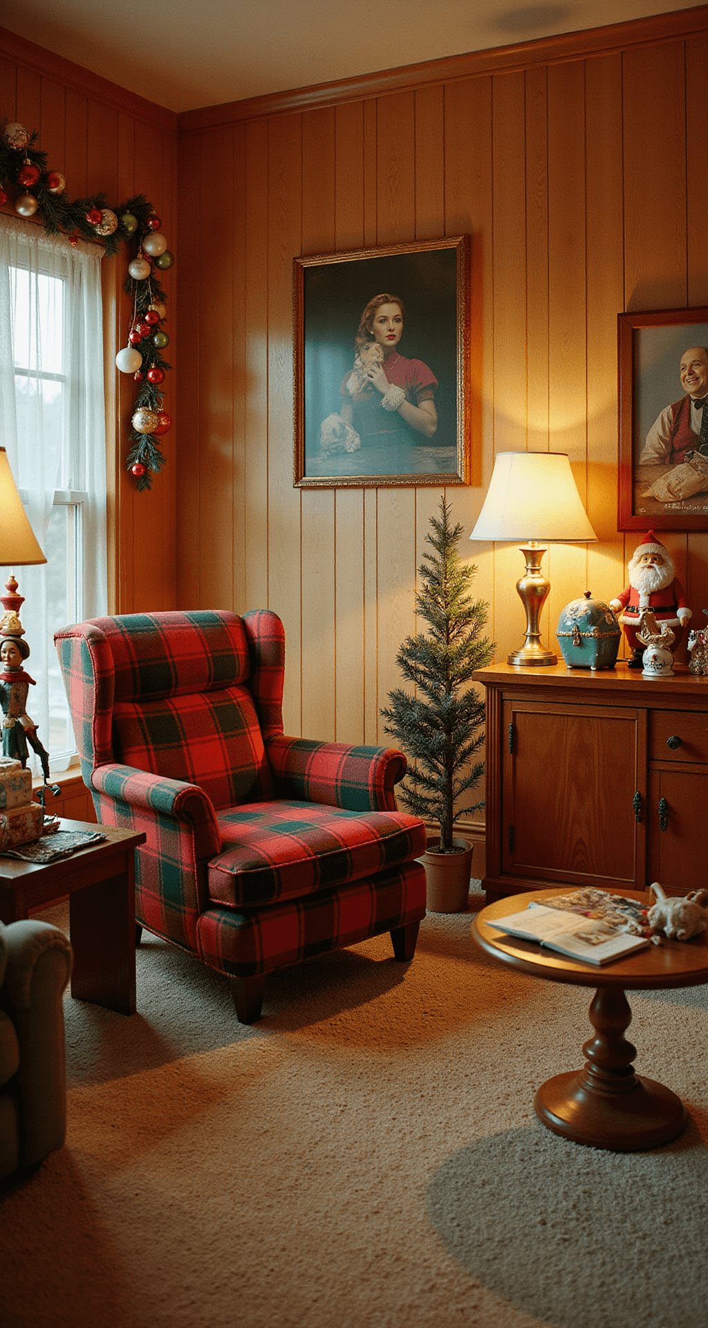 Magical Outdoor Christmas Decor: Transform Your Yard into a Holiday Wonderland Vintage family room featuring a retro plaid armchair, mid-century TV console with holiday figurines, shag carpet, wood-paneled wall with ornaments, ceramic Santa and reindeer, multicolored string lights, and warm brass lamps, all evoking a cozy 1960s Christmas atmosphere.