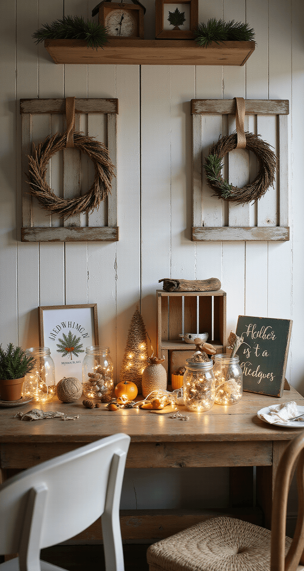 Magical Outdoor Christmas Decor: Transform Your Yard into a Holiday Wonderland Close-up shot of a cozy DIY Christmas crafts corner featuring a rustic wooden table with handmade light ball ornaments, painted holiday signs, and custom wreaths, surrounded by mason jars of fairy lights, crafting materials, and a weathered shiplap wall.