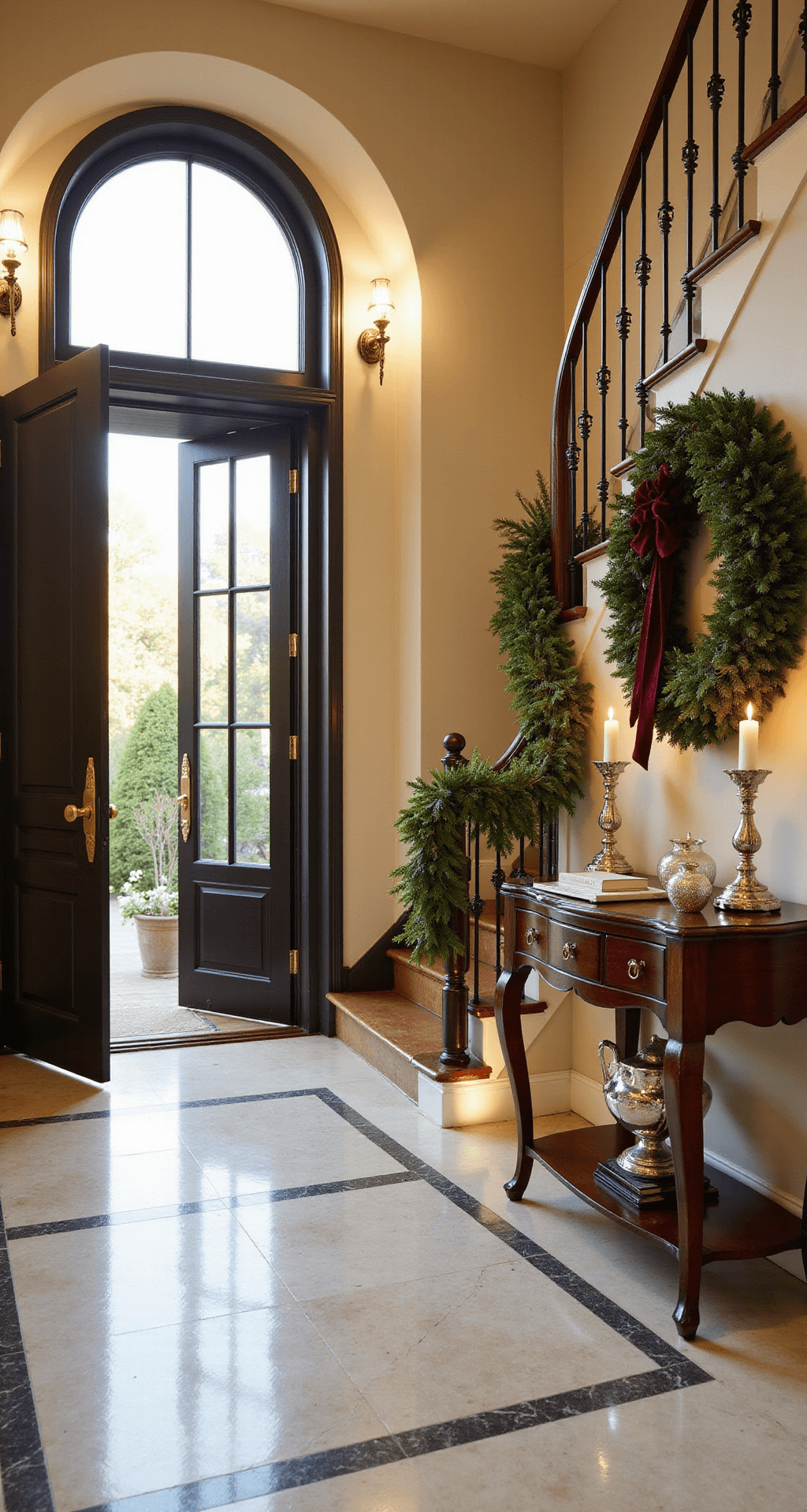 Magical Outdoor Christmas Decor: Transform Your Yard into a Holiday Wonderland Elegant entryway foyer during golden hour featuring arched doorway, marble tile flooring, wrought iron stair railings, and vintage brass sconces, with a large wreath and coordinated layered decor.