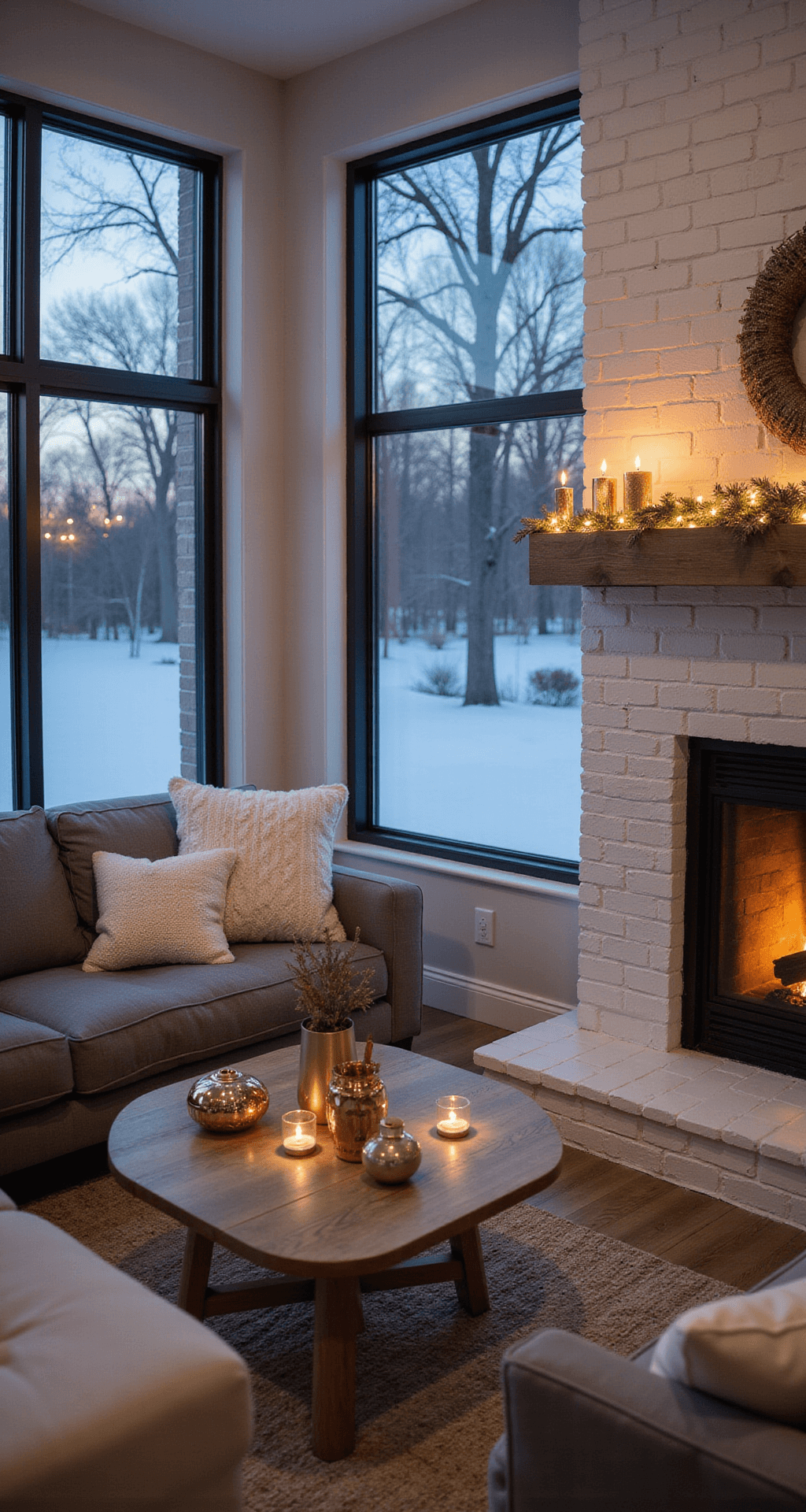 Magical Outdoor Christmas Decor: Transform Your Yard into a Holiday Wonderland A warmly lit modern farmhouse living room featuring a white brick fireplace and gray sectional, decorated with cozy throws and glimmering string lights, with snowy twilight visible through large windows, perfectly staged for Instagram.