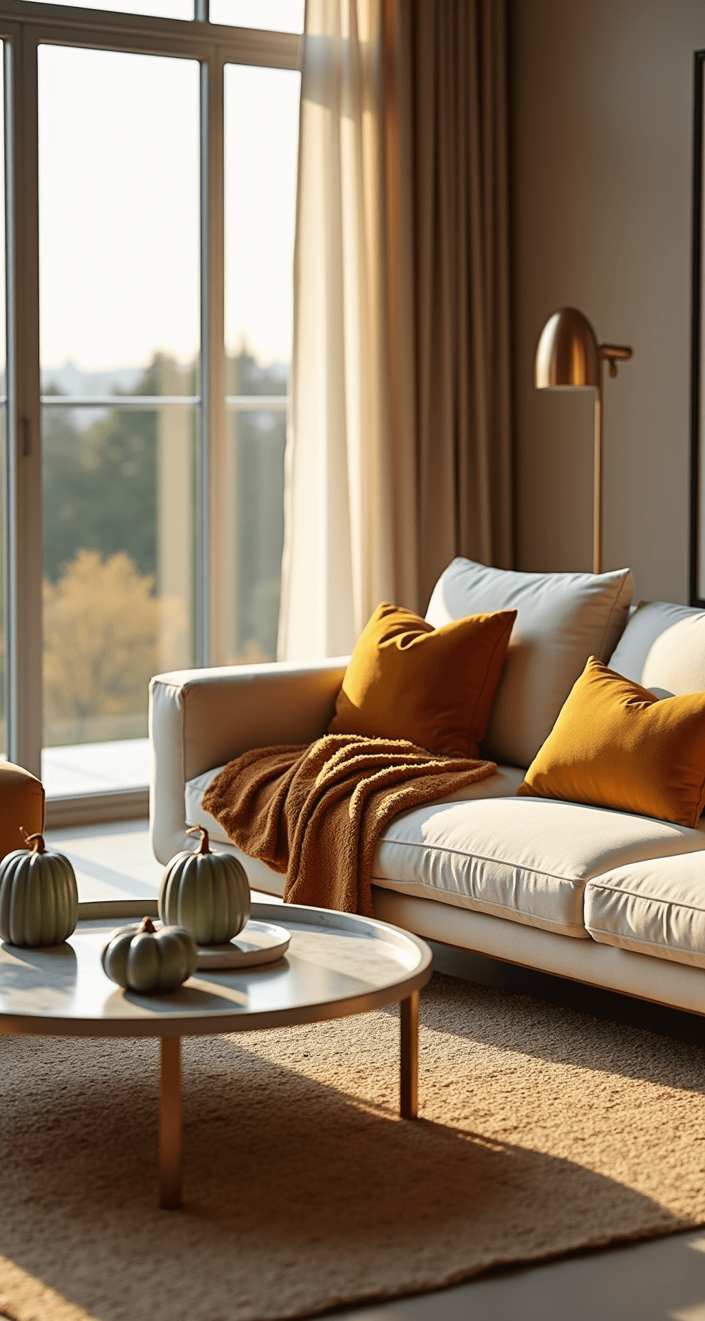 Modern Fall Decor: Elevate Your Home with Chic Autumn Vibes Interior shot of a modern living room bathed in golden hour light, featuring a neutral palette with a beige sectional sofa, taupe walls, mustard accent pillows, and a chunky knit throw. A minimalist coffee table displays ceramic pumpkins and marble spheres, while a jute rug anchors the seating area. A sculptural brass floor lamp adds warmth, and the low-angle perspective highlights the room's depth and textures.