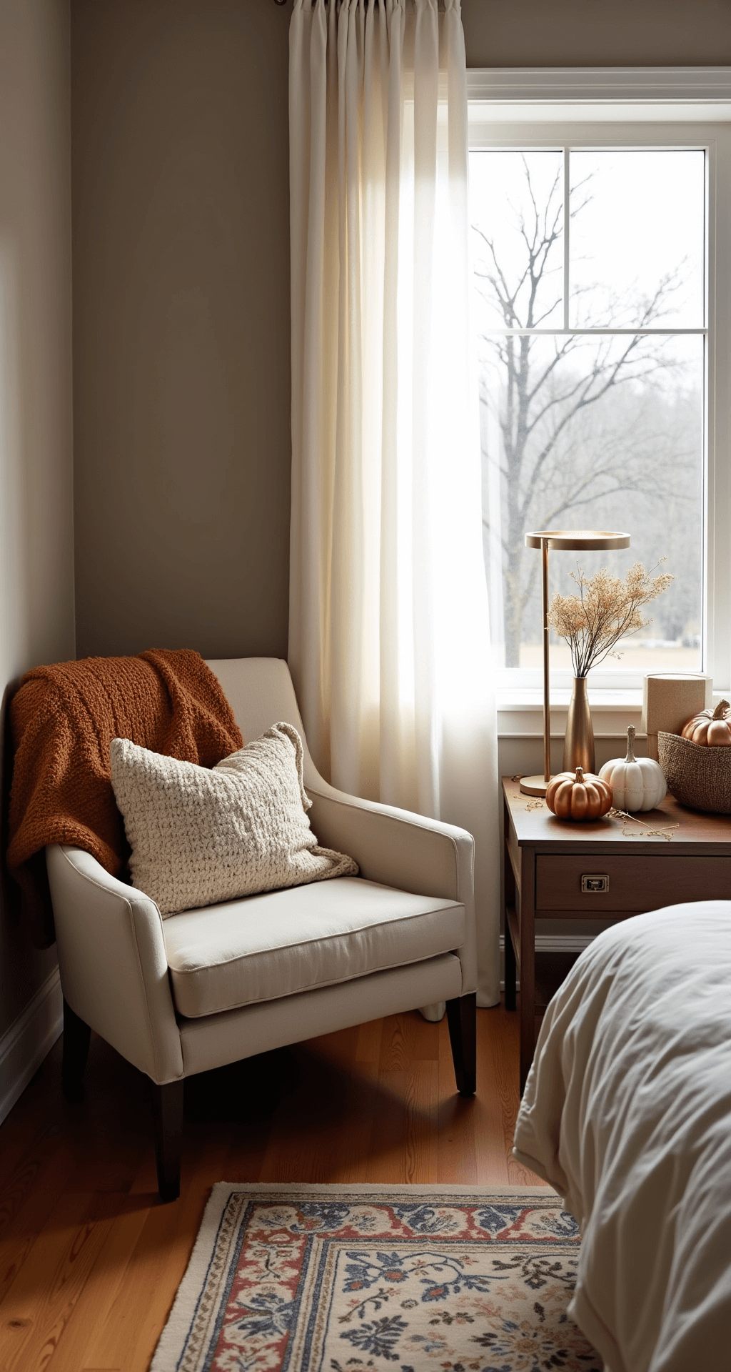 Modern Fall Decor: Elevate Your Home with Chic Autumn Vibes Cozy bedroom corner illuminated by soft morning light, featuring a linen armchair with a chunky cognac knit throw, modern ceramic accents, copper-finished pumpkins, a bouclé pillow, and an aged brass lamp, set against taupe walls and a hardwood floor adorned with a muted earth-toned Persian-style rug, enhanced by warm string lights for ambiance.