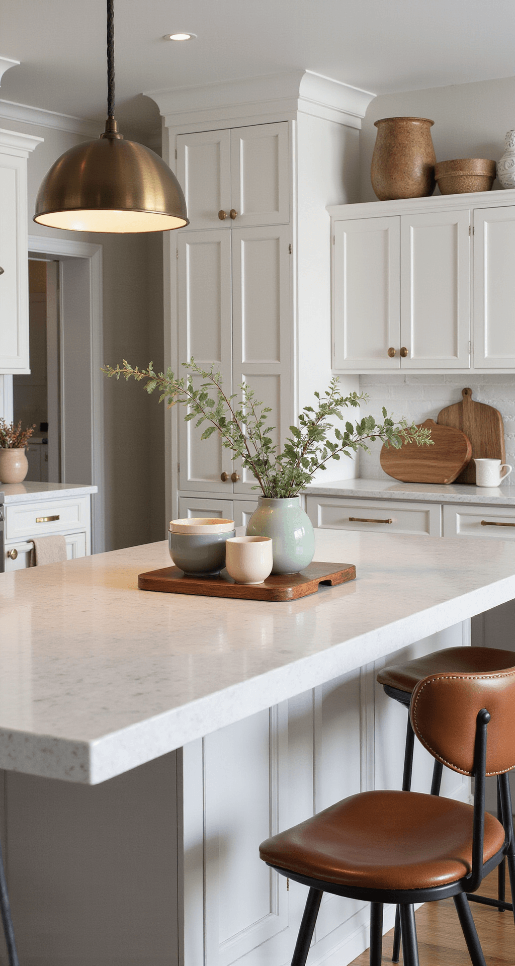 Modern Fall Decor: Elevate Your Home with Chic Autumn Vibes A stylish, spacious kitchen island featuring marble countertops adorned with sage green, cream, and subtle rust ceramic vessels, complemented by fresh eucalyptus sprigs in minimalist vases. The scene is illuminated by warm pendant lighting, highlighting cognac leather bar stools and white oak cabinetry, with brass hardware catching the light. The arrangement showcases natural textures such as linen tea towels, wooden cutting boards, and ceramic serving pieces, all in a sophisticated fall palette that embraces luxe neutrals with deep purple undertones.