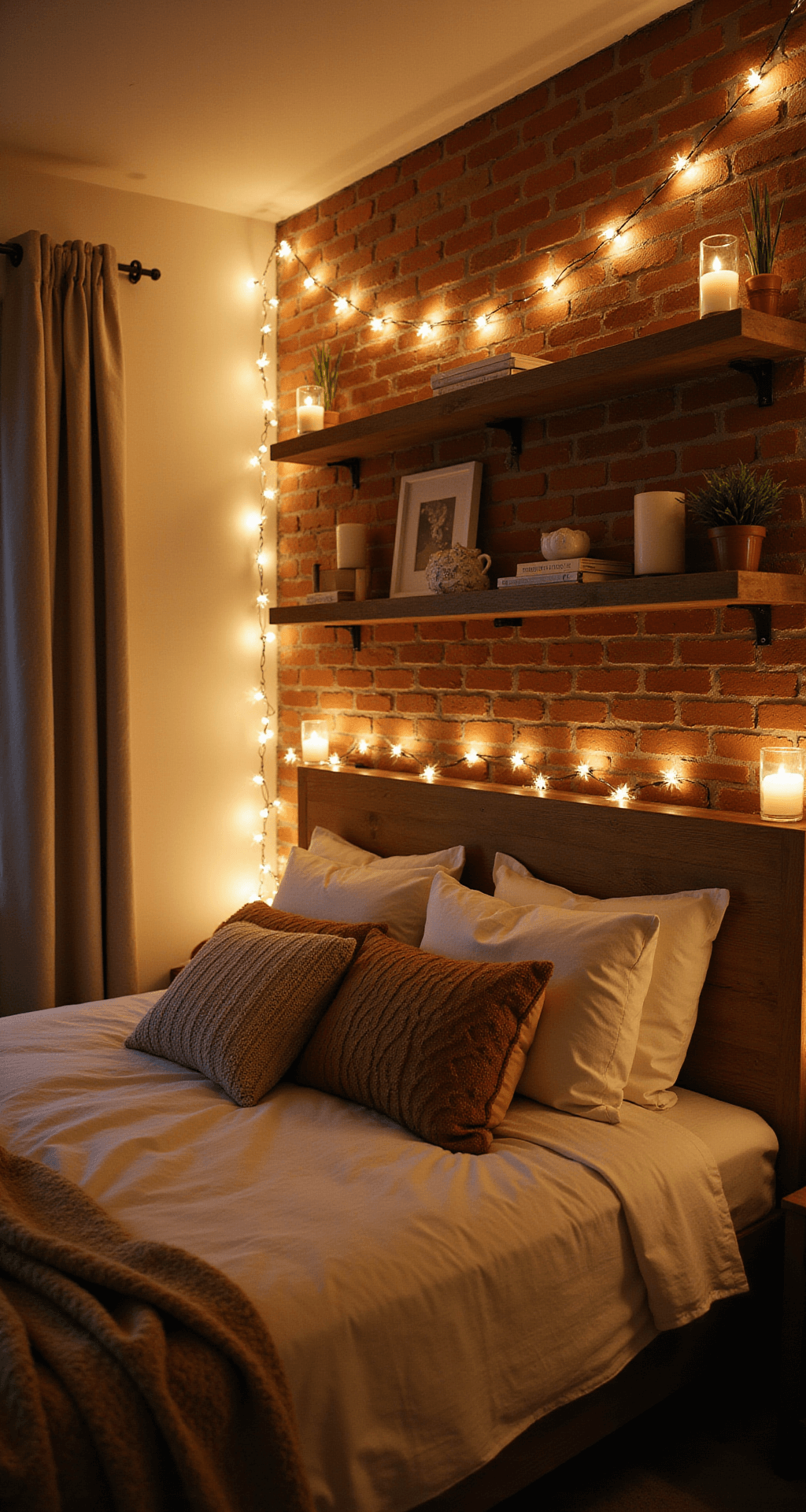 Magical Bedroom Christmas Decor: Transform Your Space into a Festive Sanctuary Cozy bedroom illuminated by warm white fairy lights and soft LED strips, featuring cream linen bedding, cable-knit throws, and a textured exposed brick wall, creating a peaceful winter evening ambiance.