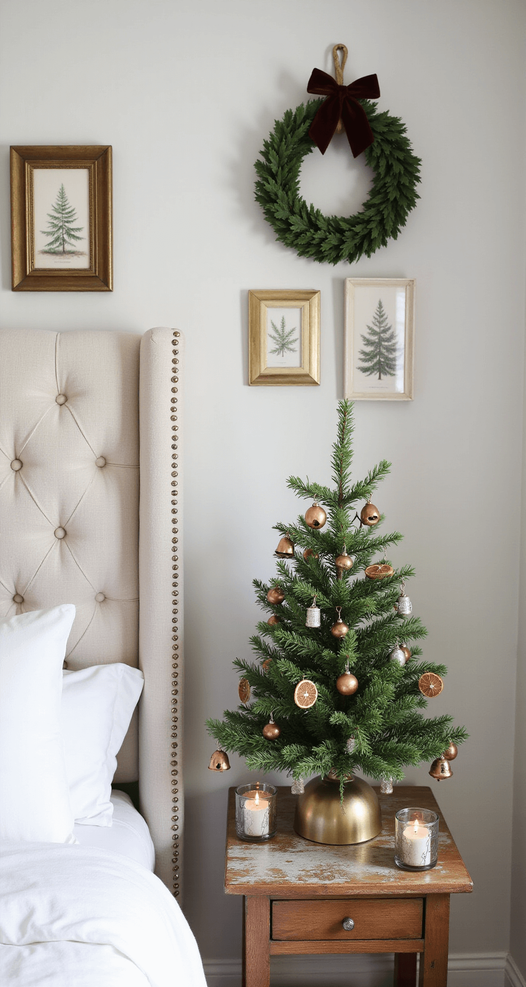 Magical Bedroom Christmas Decor: Transform Your Space into a Festive Sanctuary Charming bedroom corner with a compact Fraser fir tree on a reclaimed wood nightstand, decorated with copper bells and dried orange slices, an Eucalyptus wreath above a tufted linen headboard, vintage brass picture frames, and small lanterns with LED candles, all in a neutral palette of sage green, cream, and wood tones, captured in warm morning light.