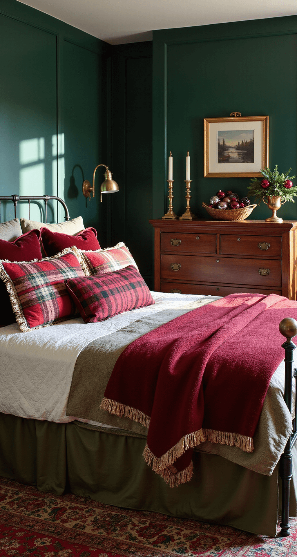 Magical Bedroom Christmas Decor: Transform Your Space into a Festive Sanctuary Traditional Christmas bedroom featuring a red and green color scheme, with a cozy antique iron bed adorned with buffalo plaid throws, deep forest green walls, crimson velvet pillows, and tartan blankets, complemented by vintage glass ornaments on a mahogany dresser and elegant brass candlesticks with burgundy tapers.