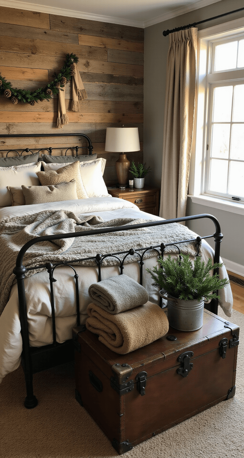 Magical Bedroom Christmas Decor: Transform Your Space into a Festive Sanctuary A rustic warm bedroom bathed in golden hour light, featuring a reclaimed barn wood accent wall, wrought iron bed with layered natural linen bedding and chunky knit blankets, pinecone garland on the window, evergreen in galvanized containers, a vintage leather trunk as a bench, and plaid throws, all highlighting cozy textures and a countryside holiday charm.