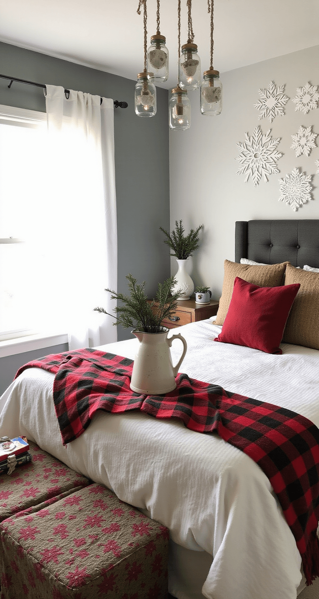 Magical Bedroom Christmas Decor: Transform Your Space into a Festive Sanctuary DIY Christmas bedroom transformation with hand-cut paper snowflakes on an accent wall, white bedding enhanced with a red plaid scarf, Mason jar string lights, pine branches in a vintage pitcher, handmade felt ornaments from the curtain rod, and warm jewel-toned throws and pillows, all bathed in soft afternoon light.