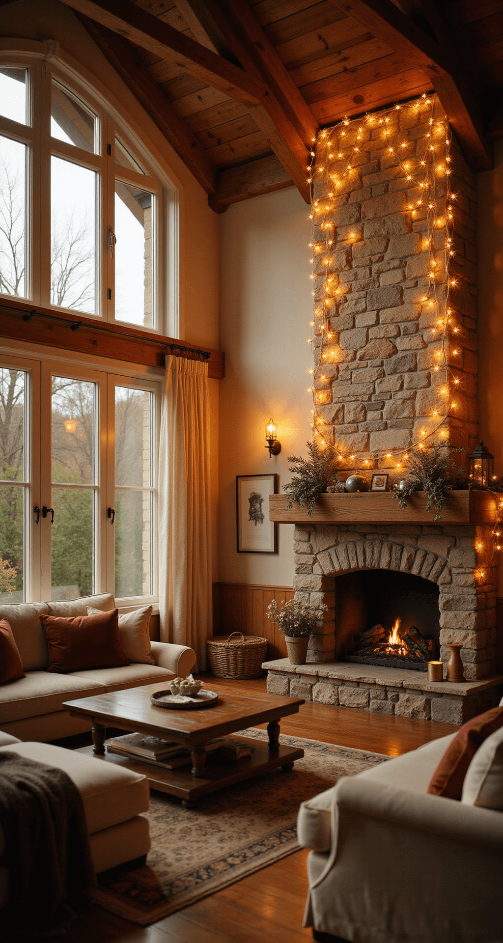 Magical Christmas Party Decor: Your Ultimate Guide to Creating a Festive Wonderland Spacious living room filled with warm golden hour light, featuring cream sofas with burgundy pillows, a stone fireplace, and draped string lights, creating a cozy and inviting atmosphere.