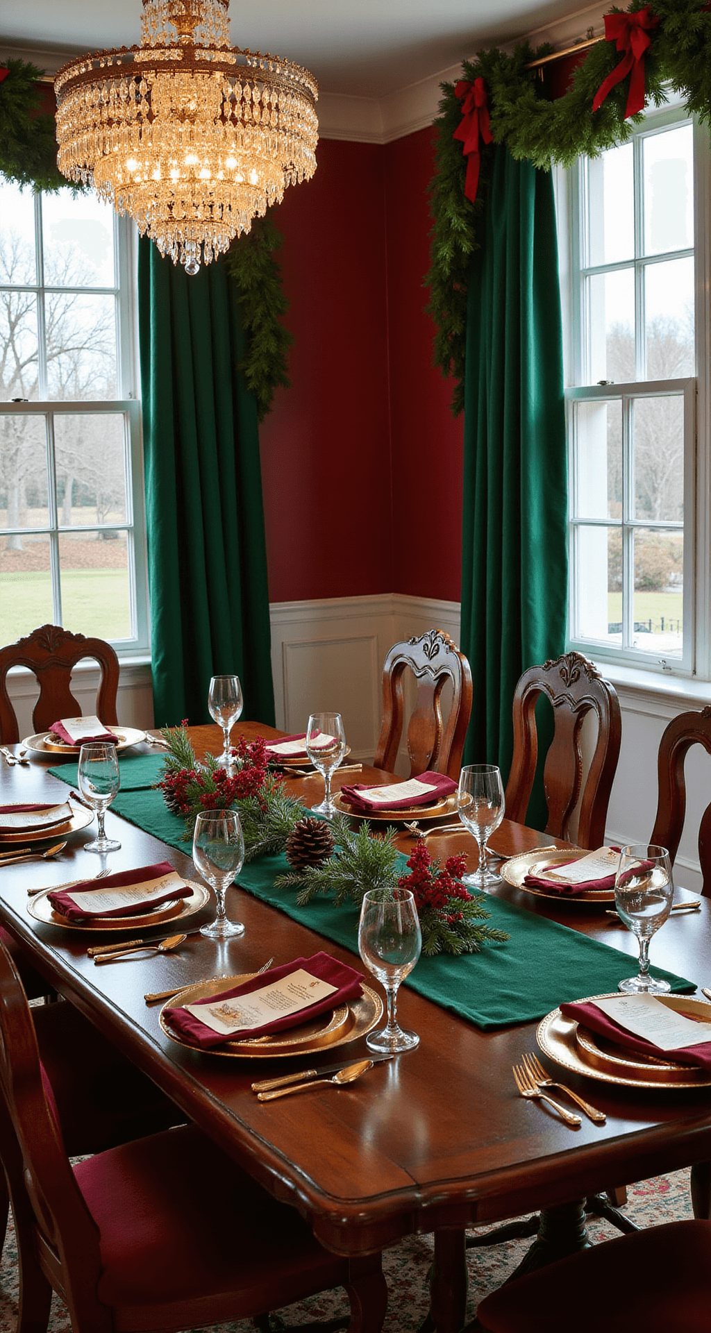 Magical Christmas Party Decor: Your Ultimate Guide to Creating a Festive Wonderland Elegant dining room with mahogany table set for eight, featuring a red and green Christmas palette, deep emerald runner, burgundy napkins, gold charger plates, and fresh greenery garlands with red velvet ribbons, all under a crystal chandelier and plush emerald curtains.