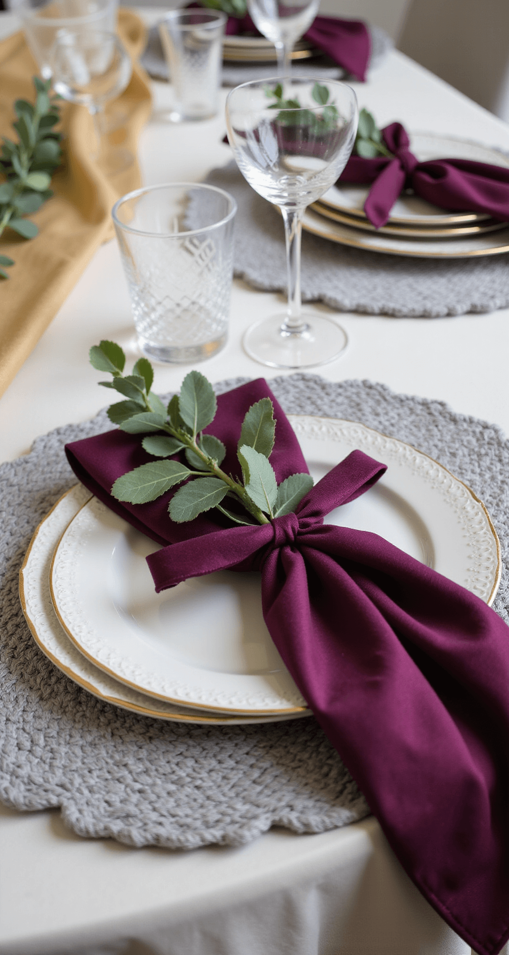 Magical Christmas Party Decor: Your Ultimate Guide to Creating a Festive Wonderland Close-up of a tablescape featuring a cream linen runner with a metallic gold organza overlay, chunky grey knit placemats under fine china plates, deep plum velvet napkins tied with silk ribbons, and crystal stemware reflecting light, with fresh eucalyptus sprigs scattered throughout, all captured with a macro lens to highlight textures and materials.
