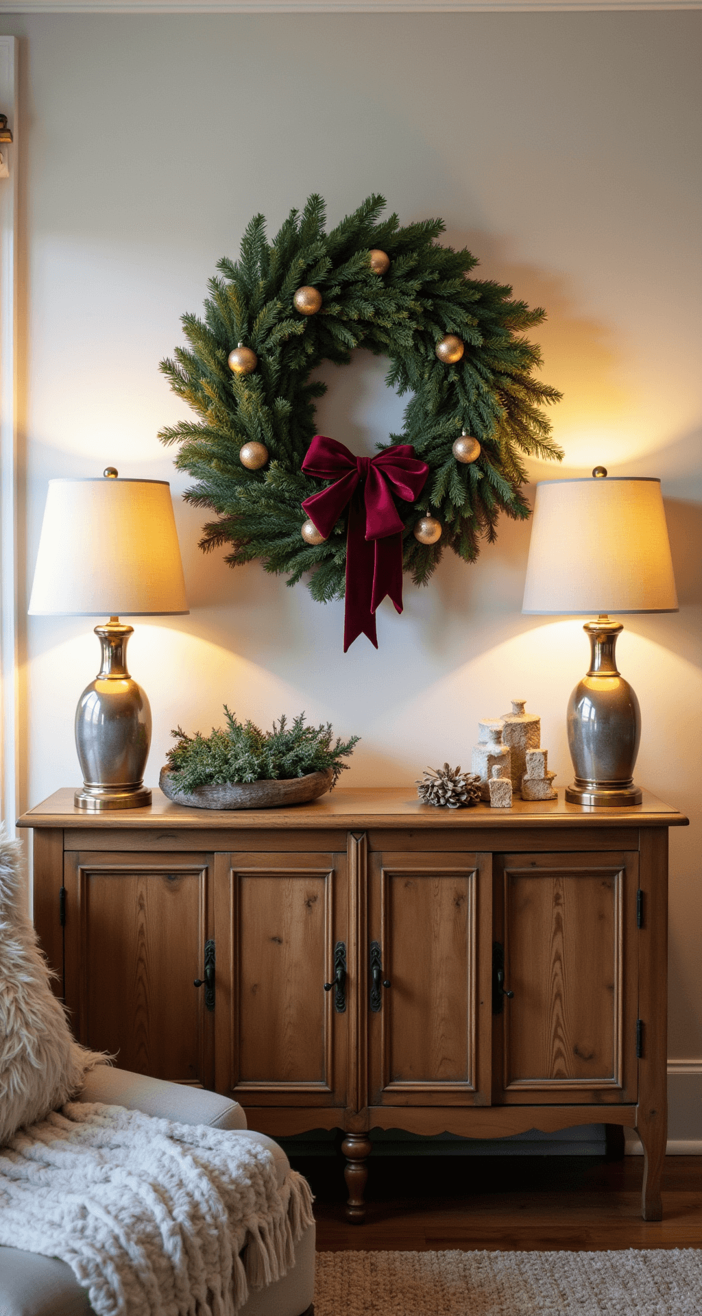 Magical Christmas Party Decor: Your Ultimate Guide to Creating a Festive Wonderland Cozy living room corner with a handcrafted Christmas wreath above a vintage wooden console, showcasing textures of pine boughs, burgundy velvet ribbon, and gold ornaments; warm brass table lamps provide ambient light, while a faux fur throw drapes over a nearby armchair, all illuminated by morning light through a window.