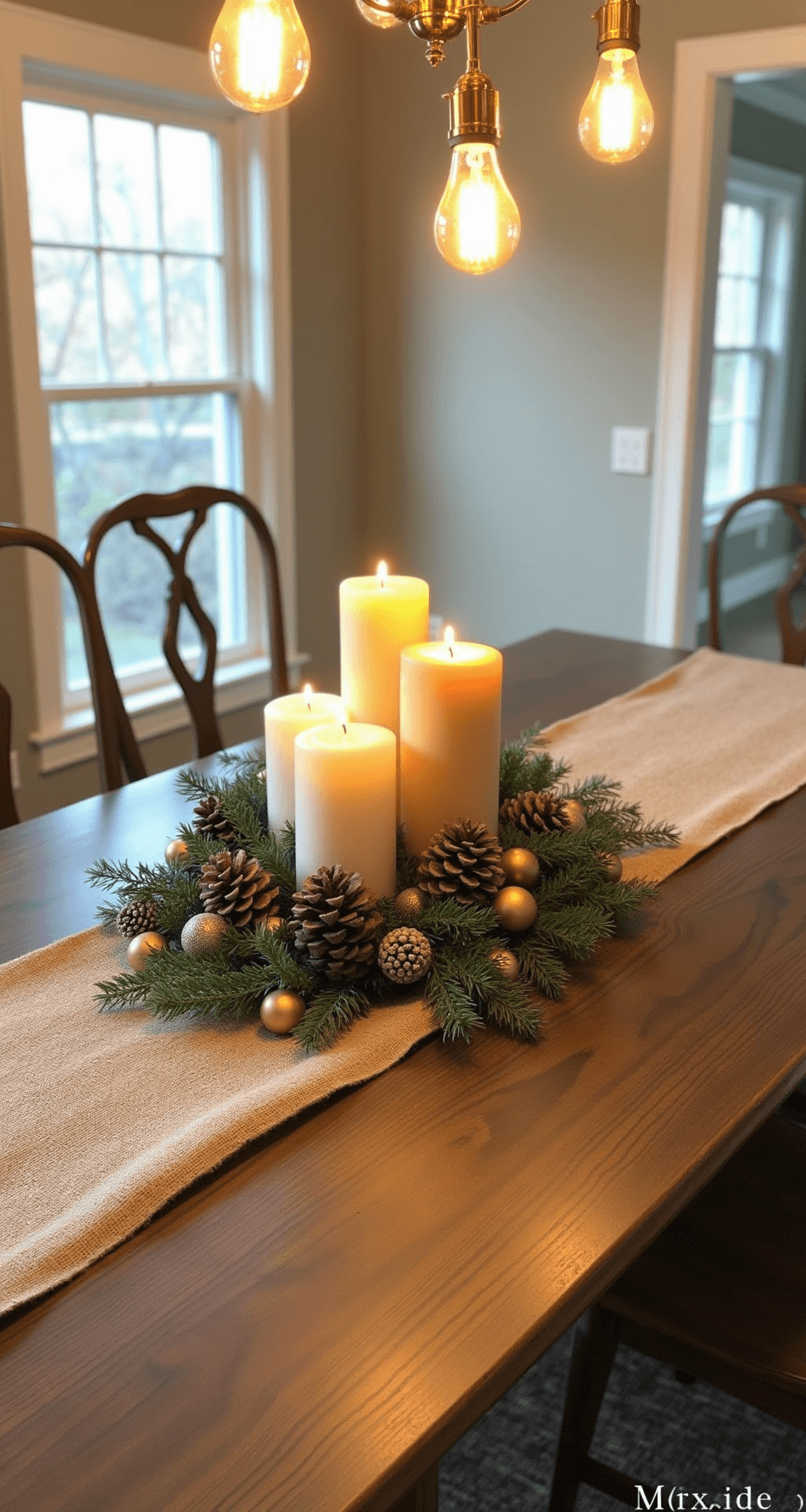Magical Christmas Party Decor: Your Ultimate Guide to Creating a Festive Wonderland Festive dining room centerpiece featuring varying height ivory and champagne pillar candles surrounded by pinecones, gold ornaments, and fresh cedar sprigs on a reclaimed wood farmhouse table, with a burlap table runner and warm ambient lighting from an Edison bulb chandelier.
