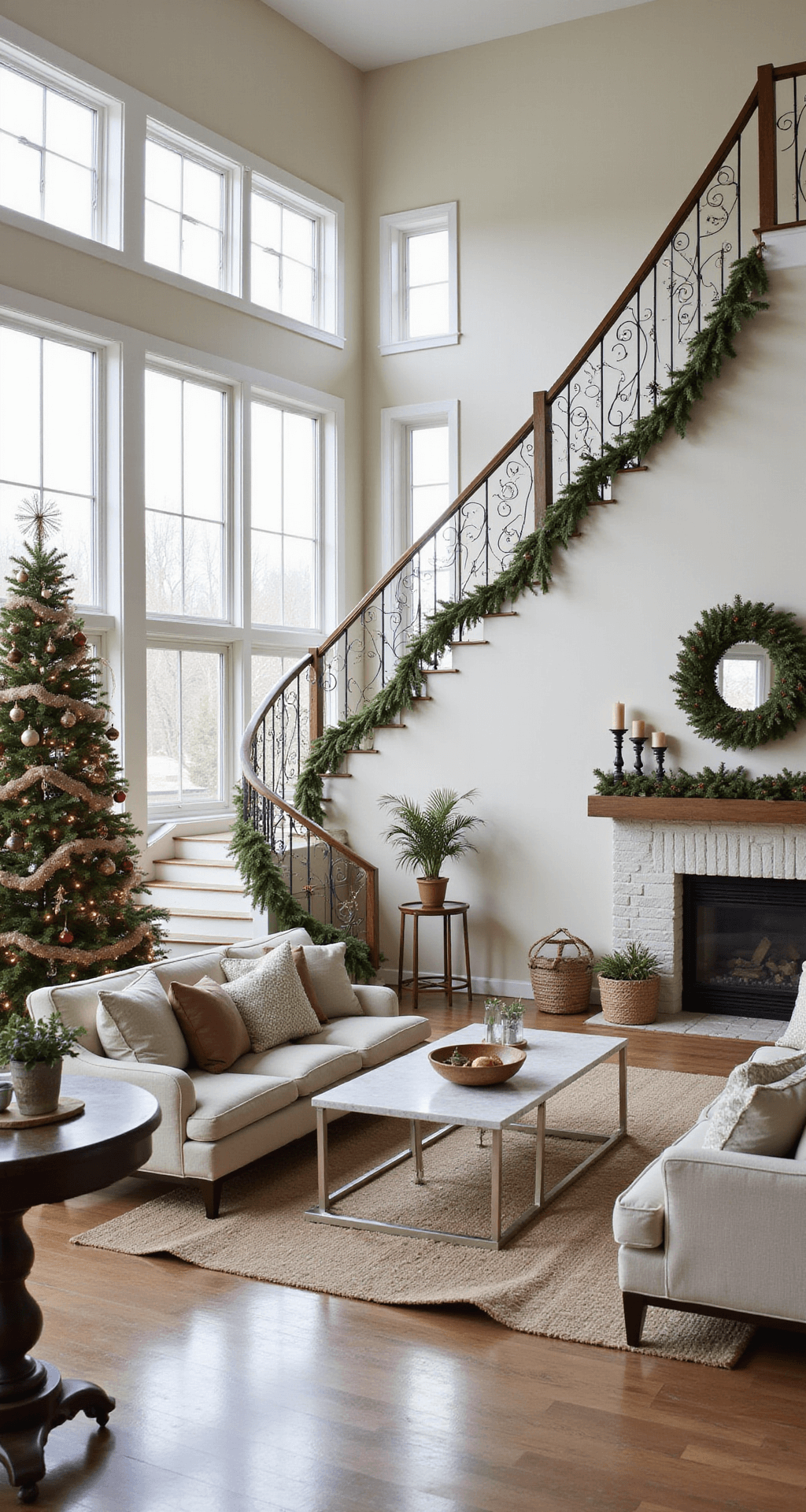 Magical Christmas Party Decor: Your Ultimate Guide to Creating a Festive Wonderland A bright, naturally-lit living space adorned with Christmas decor, featuring a garland-draped staircase, a twinkling tree in the corner, and a festive mantel display, perfect for holiday photography.