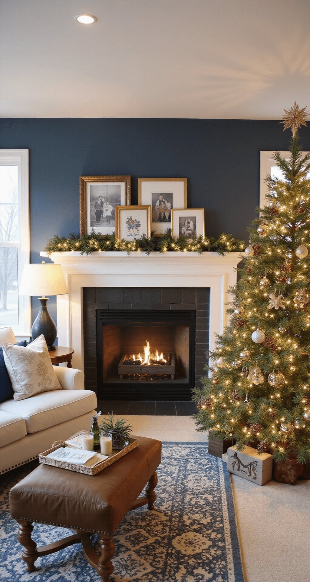Magical Christmas Party Decor: Your Ultimate Guide to Creating a Festive Wonderland A beautifully decorated holiday living room featuring a spacious layout, thoughtful lighting, personal touches like family photos and handmade ornaments, and a cohesive navy, gold, and cream color palette, all captured from an eye-level angle.