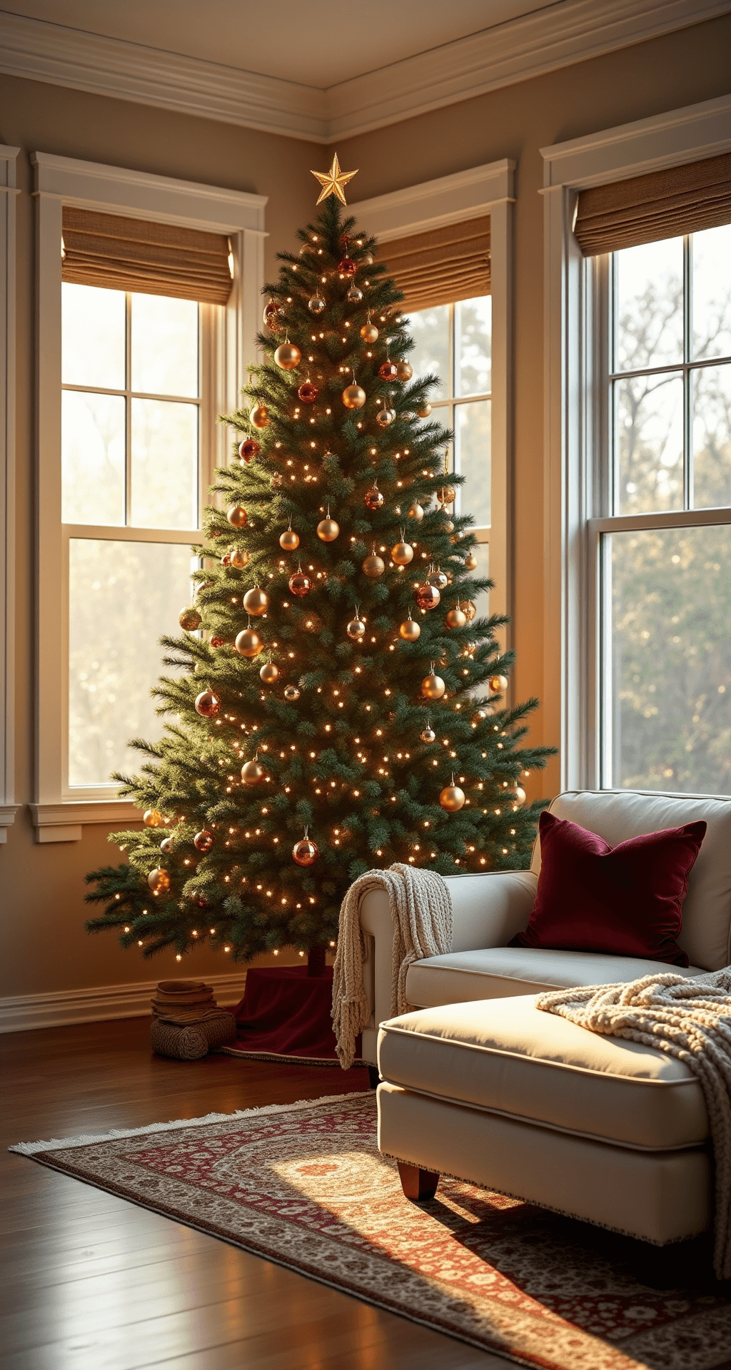 Magical Living Room Christmas Decor: Transform Your Space into a Festive Haven Photorealistic living room featuring a tall Christmas tree adorned with gold-copper ornaments, a cream sectional sofa with burgundy pillows, and warm lighting, all bathed in golden hour sunlight.