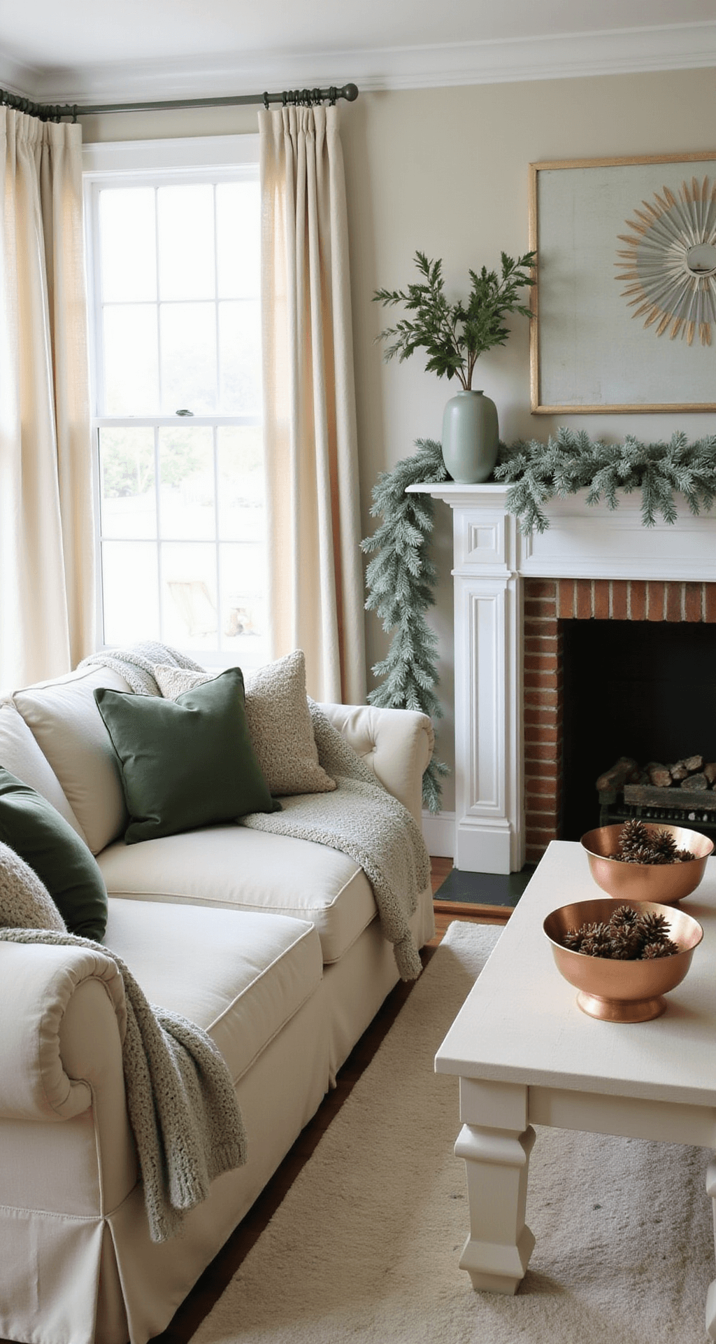 Magical Living Room Christmas Decor: Transform Your Space into a Festive Haven Elegant living room showcasing a sage green and cream holiday palette, with natural light filtering through sheer curtains, a cream sofa with sage pillows, a frosted pine garland over a white fireplace, and copper bowls with pinecones on a coffee table, all set on a textured cream rug.
