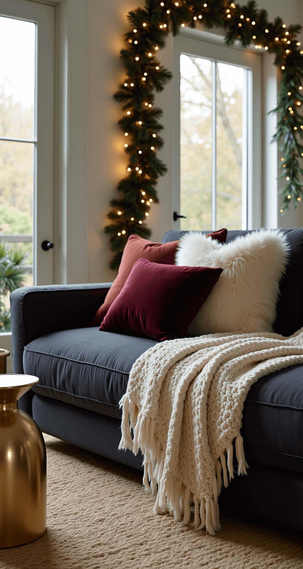 Magical Living Room Christmas Decor: Transform Your Space into a Festive Haven A cozy living room with layered textures including a charcoal sectional adorned with burgundy velvet, cream cashmere, and faux fur pillows. A chunky knit blanket drapes gracefully, while metallic gold side tables add elegance. A natural pine garland with warm white lights frames the doorway, and a jute rug adds earthiness. The image captures close-up details that emphasize tactile richness and layered comfort, illuminated by late afternoon window light.