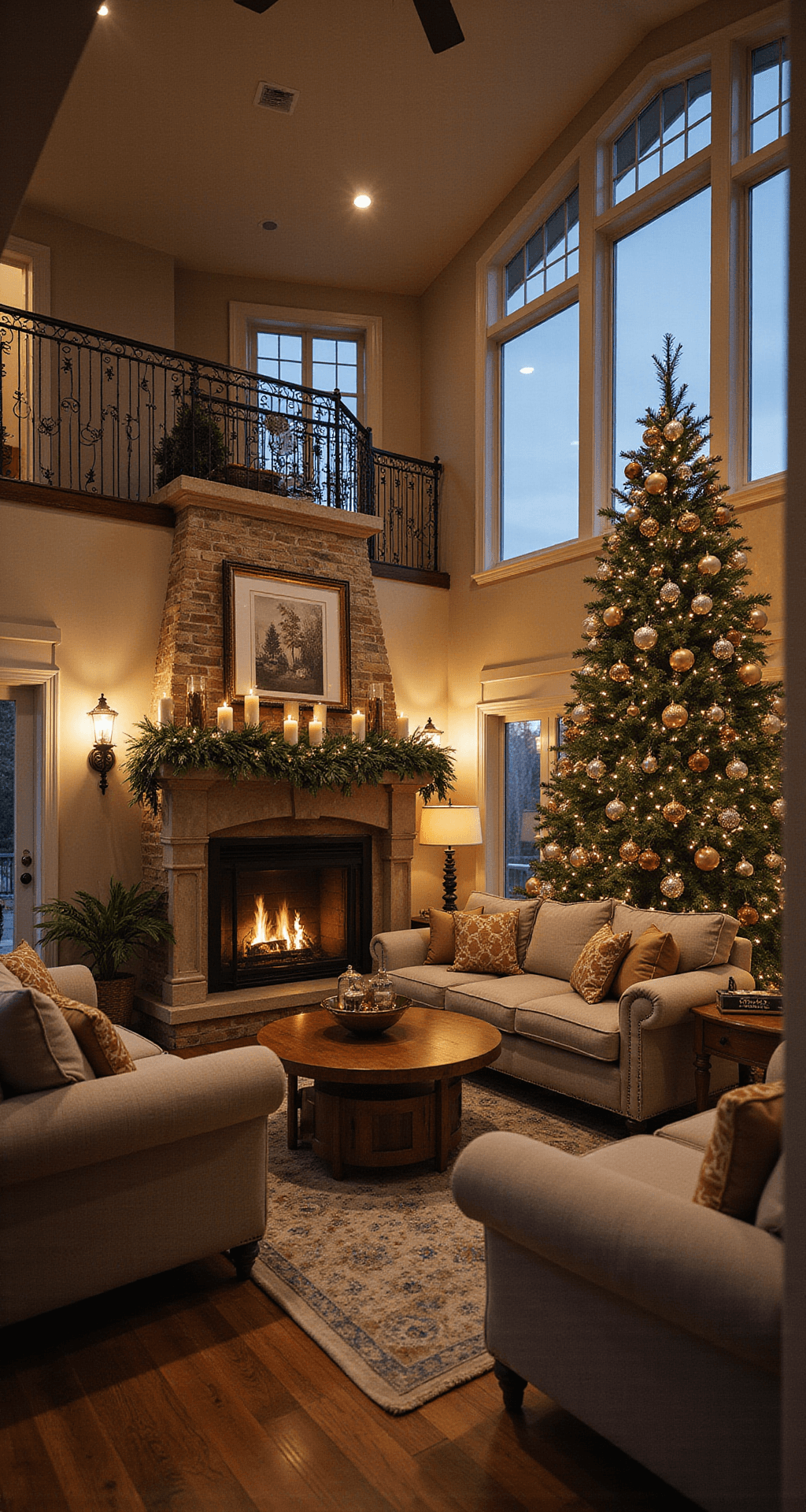 Magical Living Room Christmas Decor: Transform Your Space into a Festive Haven Spacious living room at twilight, elegantly decorated for Christmas with a 9-foot tree adorned with metallic ornaments, a beautifully styled fireplace mantle with garland and candles, and warm string lights creating a cozy ambiance, all captured in a professional wide-angle shot.