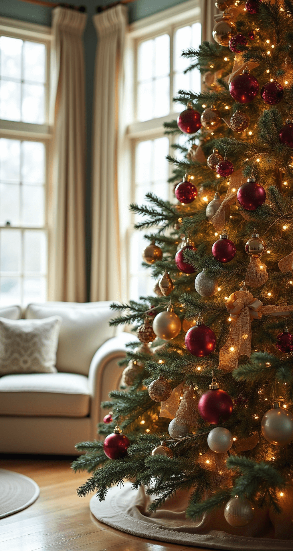 Magical Living Room Christmas Decor: Transform Your Space into a Festive Haven A beautifully styled Christmas tree adorned with burgundy, gold, and cream ornaments at varying depths, complemented by metallic ribbon, set against a cream sofa in a bright living room with hardwood floors reflecting the tree lights.