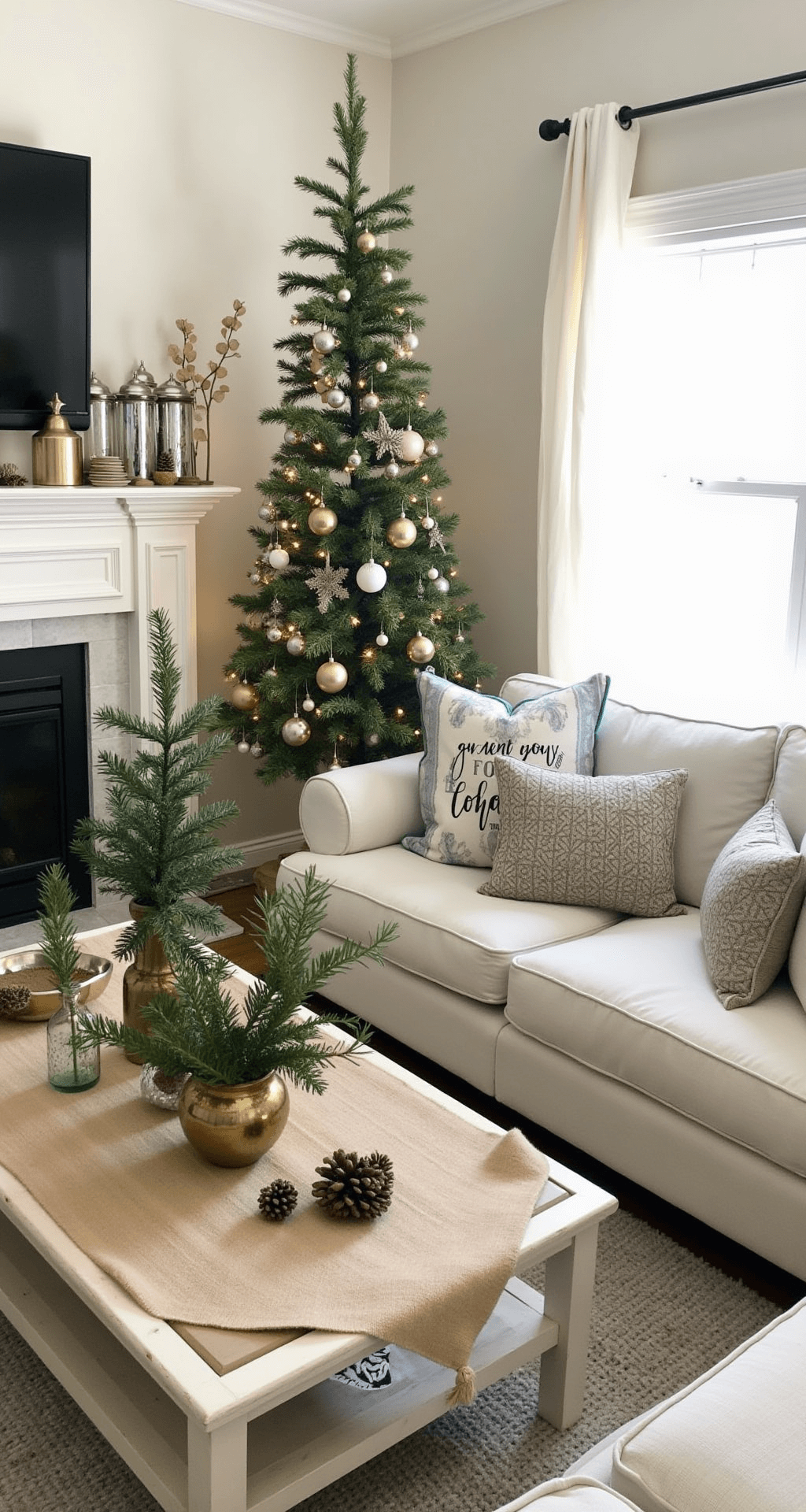 Magical Living Room Christmas Decor: Transform Your Space into a Festive Haven Budget-friendly living room decorated for the holidays, featuring a modest tree with homemade ornaments, vintage brass vessels with pine branches, thrifted mercury glass on the mantle, festive throw pillows, scattered pinecones, and a burlap table runner, all bathed in warm afternoon light.