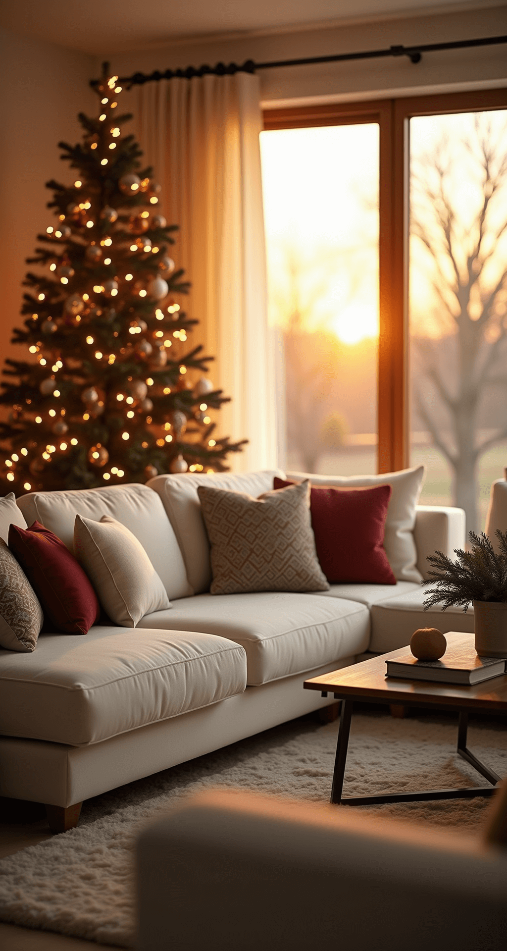 Magical Living Room Christmas Decor: Transform Your Space into a Festive Haven A beautifully styled living room bathed in warm golden sunset light, featuring a perfectly decorated Christmas tree with twinkling lights, a plush cream sectional with coordinated holiday pillows, and a clutter-free coffee table with a statement piece, all enhanced by natural greenery and a dreamy, balanced composition.