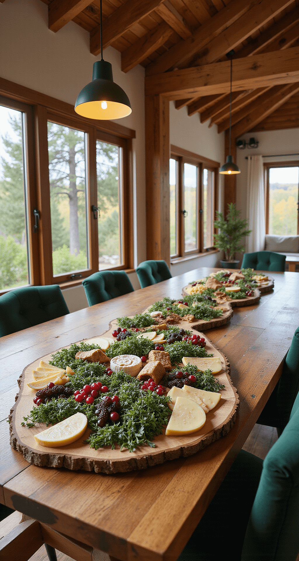 The Ultimate Christmas Tree Charcuterie Board: A Festive Feast for the Eyes and Palate A spacious dining room with exposed wooden beams and tall windows letting in afternoon light, featuring a large reclaimed wood dining table adorned with a Christmas tree-shaped charcuterie board, rustic wooden platters filled with herbs, berries, and cheeses, all set against warm honey-oak tones and forest green accents.
