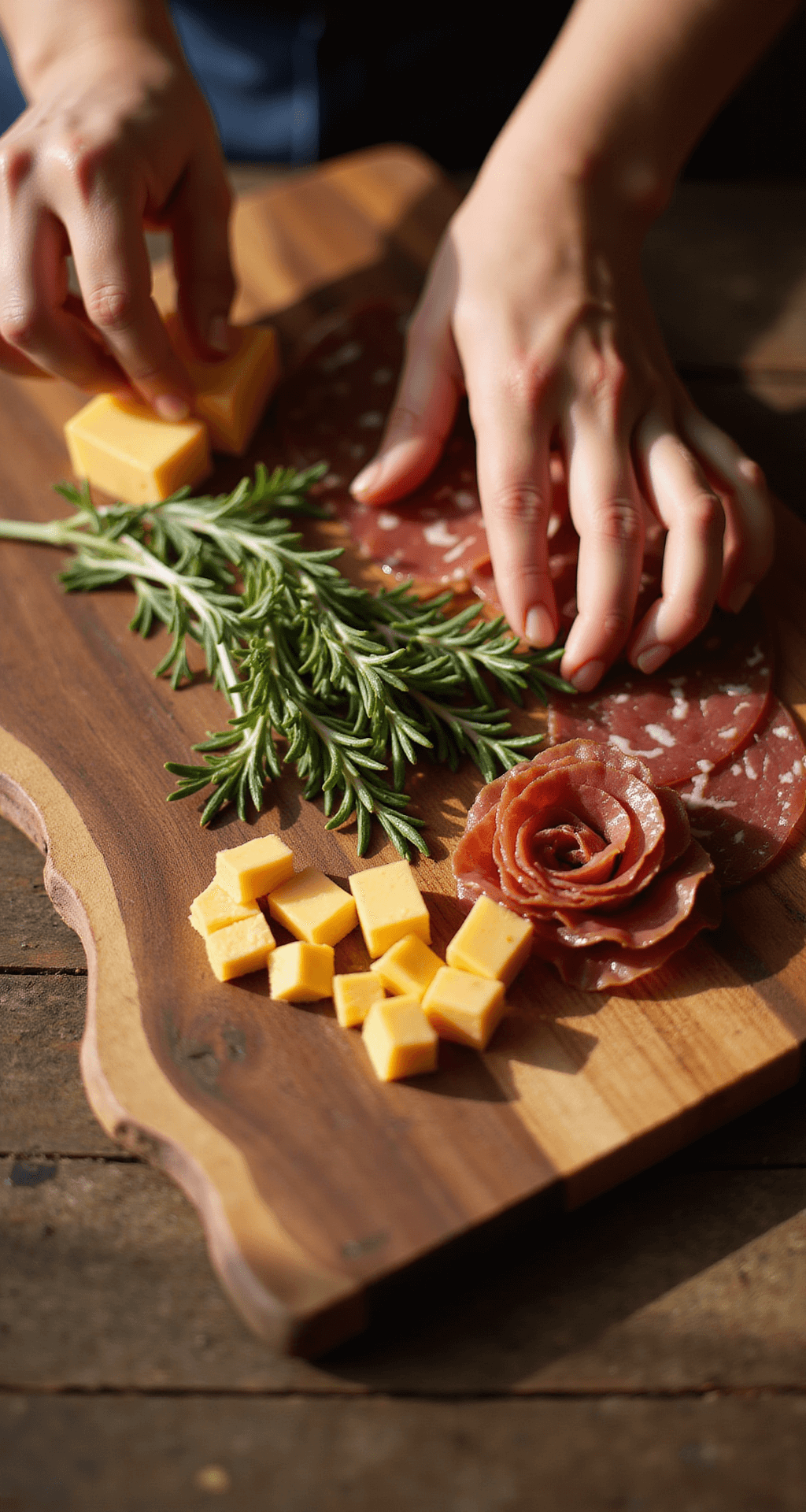 The Ultimate Christmas Tree Charcuterie Board: A Festive Feast for the Eyes and Palate Close-up of hands arranging charcuterie ingredients on a live-edge walnut cutting board during golden hour, featuring rosemary sprigs, aged cheddar cubes, and prosciutto roses, with a shallow depth of field emphasizing the creative process.