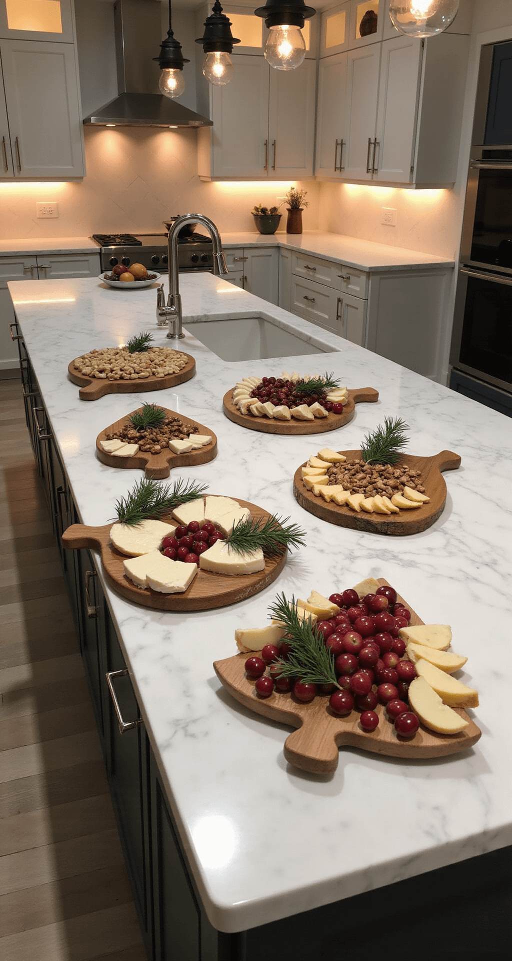 The Ultimate Christmas Tree Charcuterie Board: A Festive Feast for the Eyes and Palate Elegant kitchen island adorned with marble countertops, featuring warm LED under-cabinet lighting. Charcuterie boards arranged in Christmas tree formations, showcasing brie wedges, cranberries, pine sprigs, and mixed nuts. The scene captures a cozy evening ambiance with a blend of cool marble and warm wood tones, highlighted by festive reds and greens. View from a three-quarter angle reveals both the preparation space and finished boards.