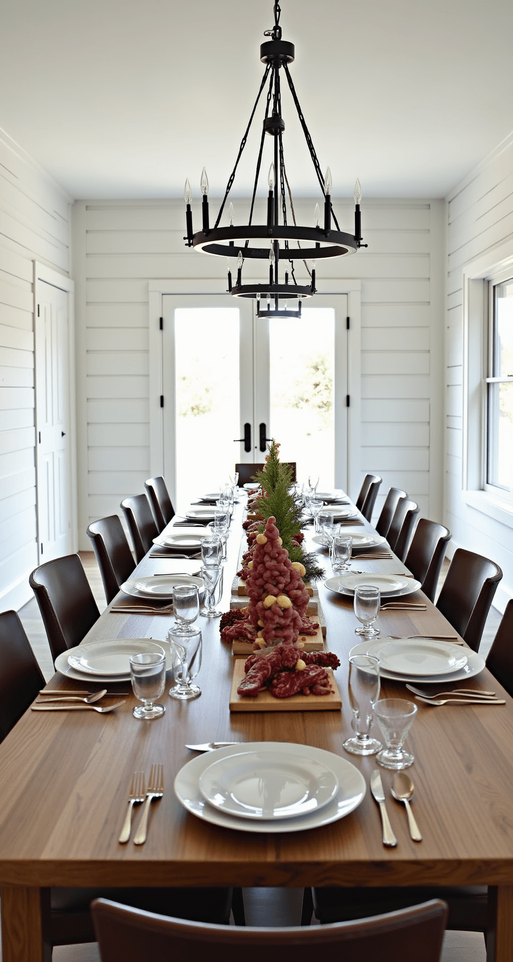 The Ultimate Christmas Tree Charcuterie Board: A Festive Feast for the Eyes and Palate Modern farmhouse dining room featuring shiplap walls and an industrial chandelier, illuminated by bright morning light from French doors. A long farm table is elegantly set for holiday entertaining with various tree-shaped charcuterie arrangements, including sharp cheddar, sopressata, fresh dill, and pomegranate seeds. The room has crisp white walls, natural oak finishes, and vibrant pops of holly red, captured from an elevated angle showcasing the full table setting and architectural details.