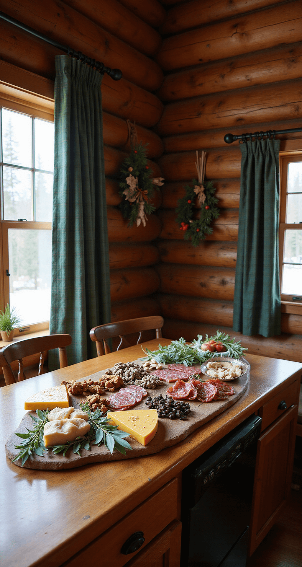 The Ultimate Christmas Tree Charcuterie Board: A Festive Feast for the Eyes and Palate A rustic cabin interior featuring log walls adorned with vintage holiday decorations, bathed in warm afternoon sunlight. A kitchen counter showcases a Christmas tree charcuterie board in progress, with smoked gouda, salami rolls, eucalyptus leaves, and pistachios. The rich mahogany wood tones, hunter green textiles, and antique brass accents enhance the cozy holiday atmosphere.